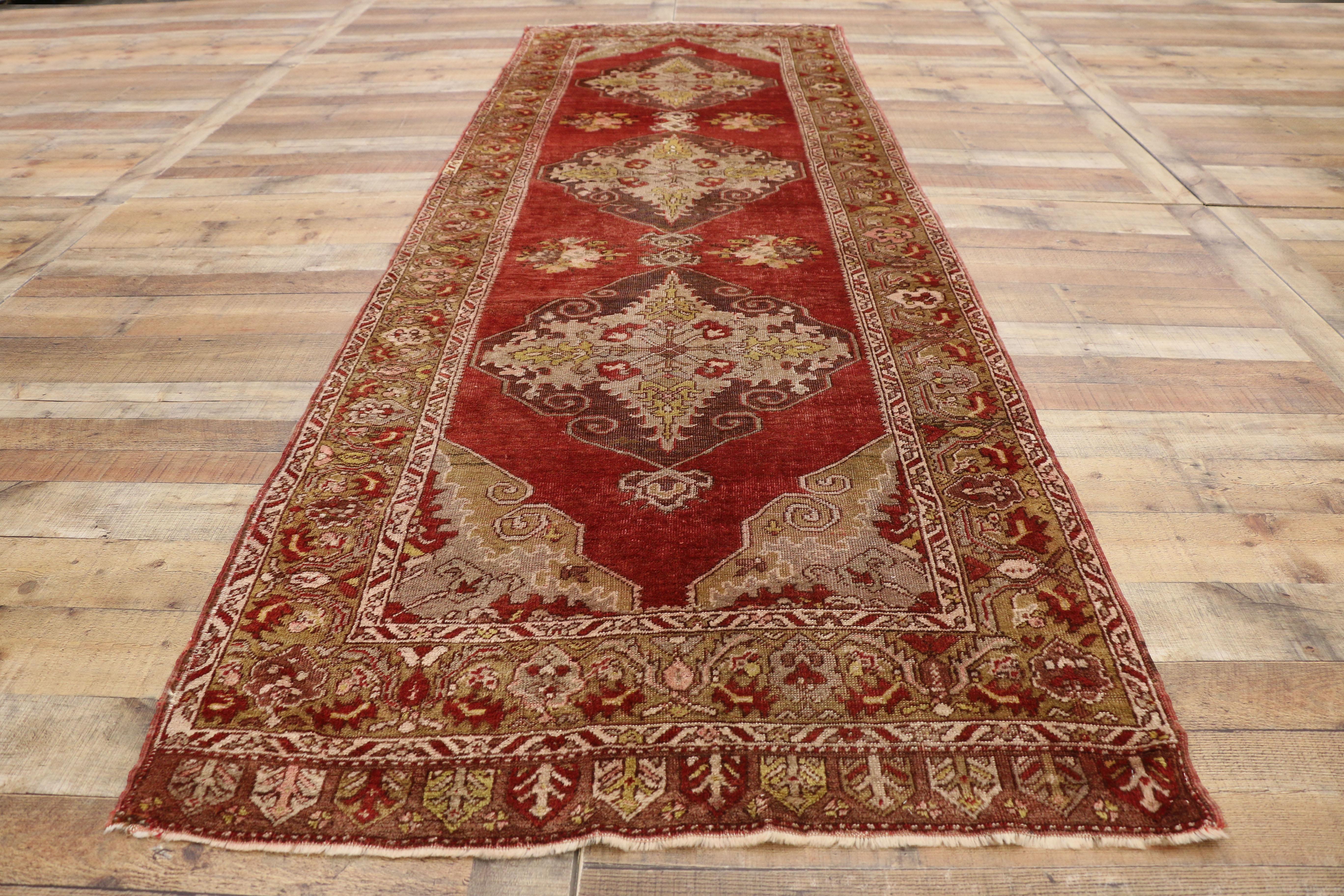 Vintage Turkish Oushak Hallway Runner with Jacobean Style For Sale 1