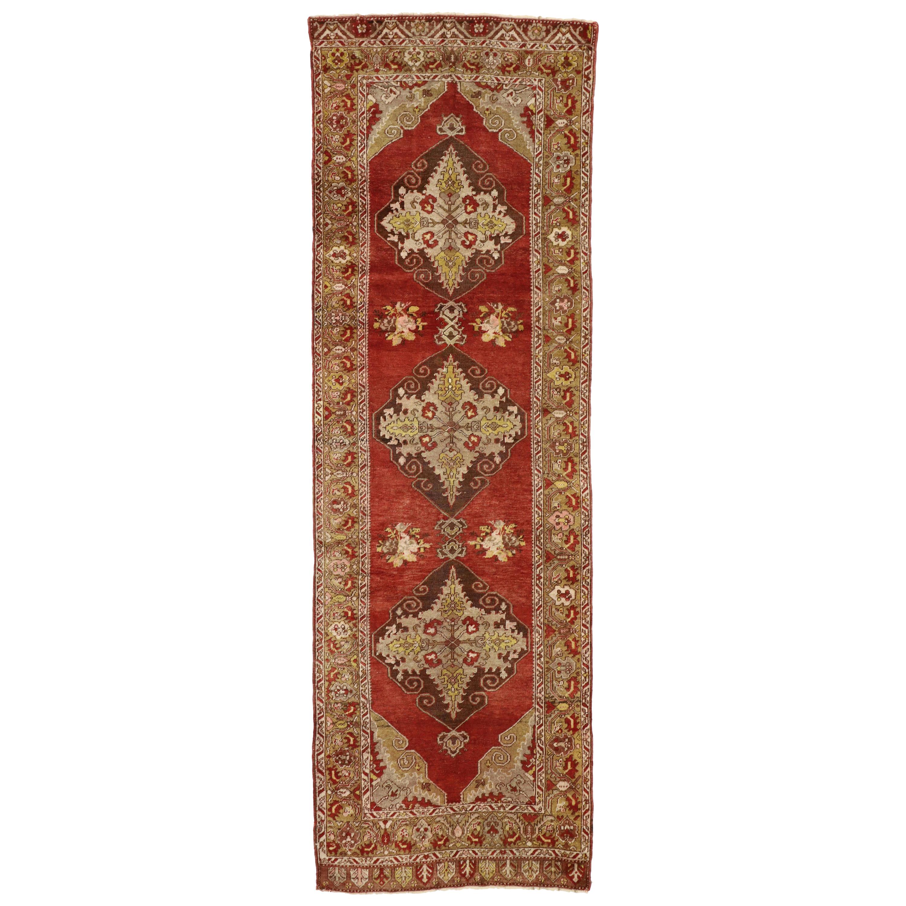 Vintage Turkish Oushak Hallway Runner with Jacobean Style For Sale