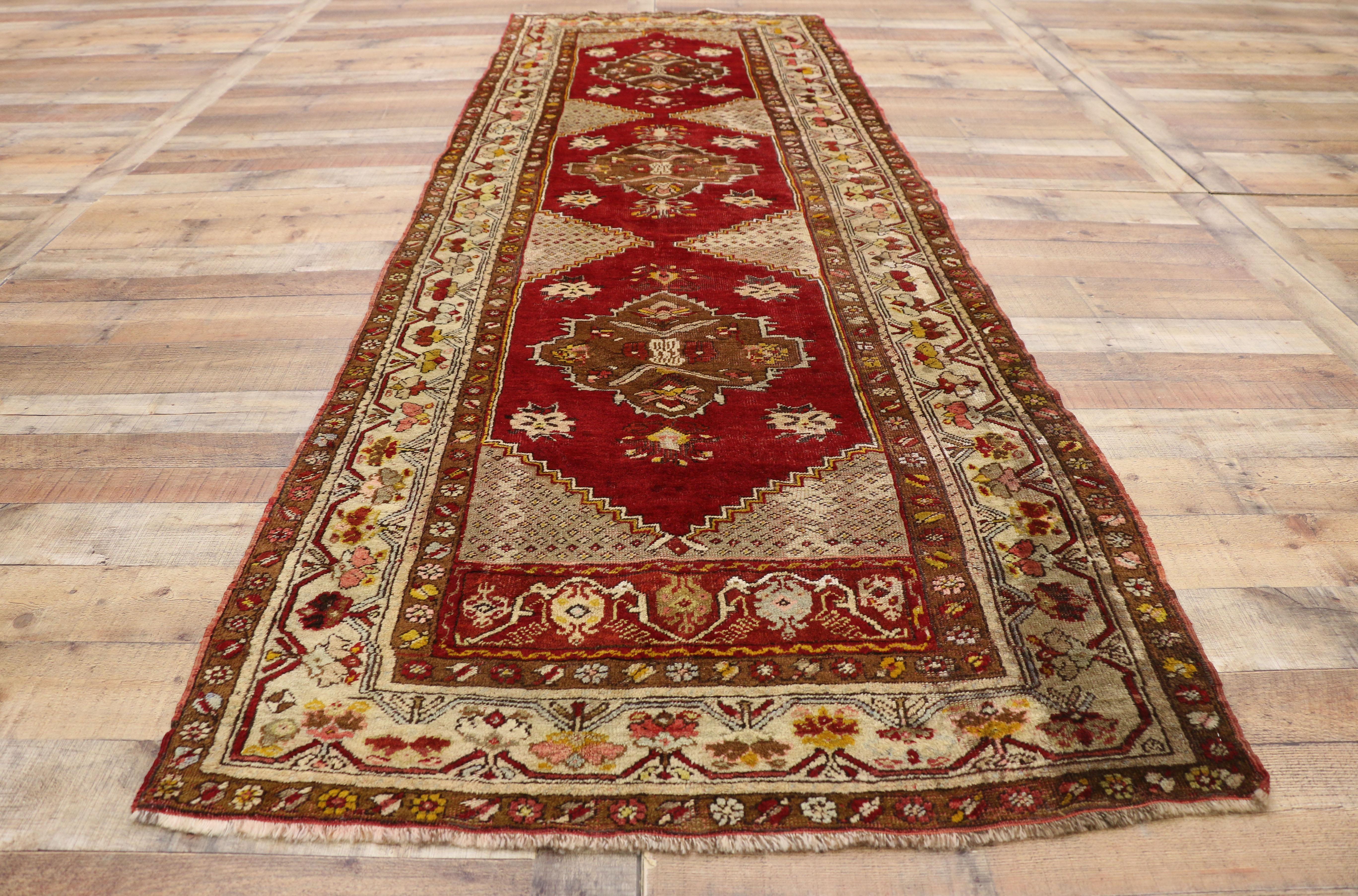 Wool Vintage Turkish Oushak Hallway Runner with Modern Art Deco Style For Sale