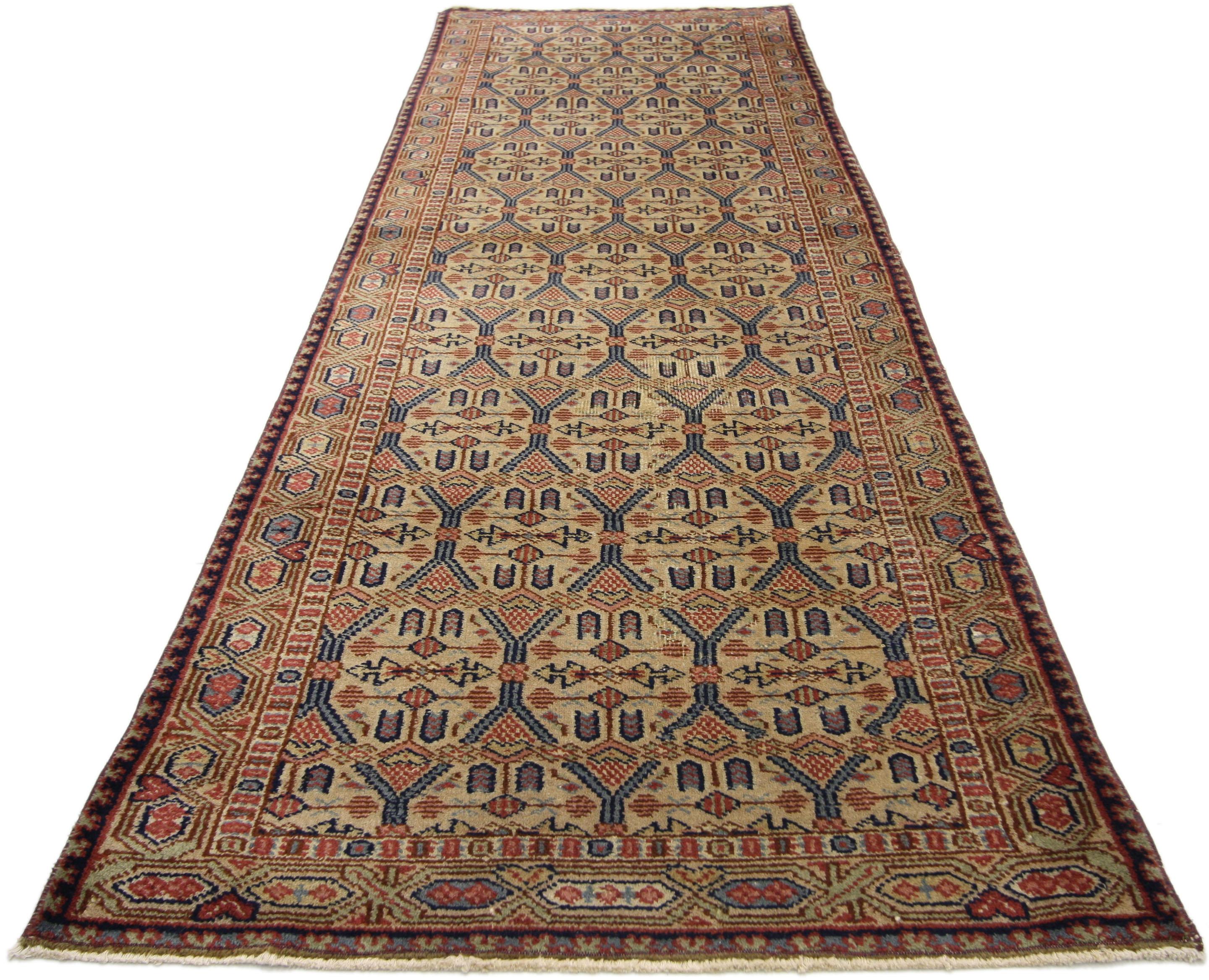Hand-Knotted Vintage Turkish Oushak Hallway Runner with Rustic Art Deco Style For Sale