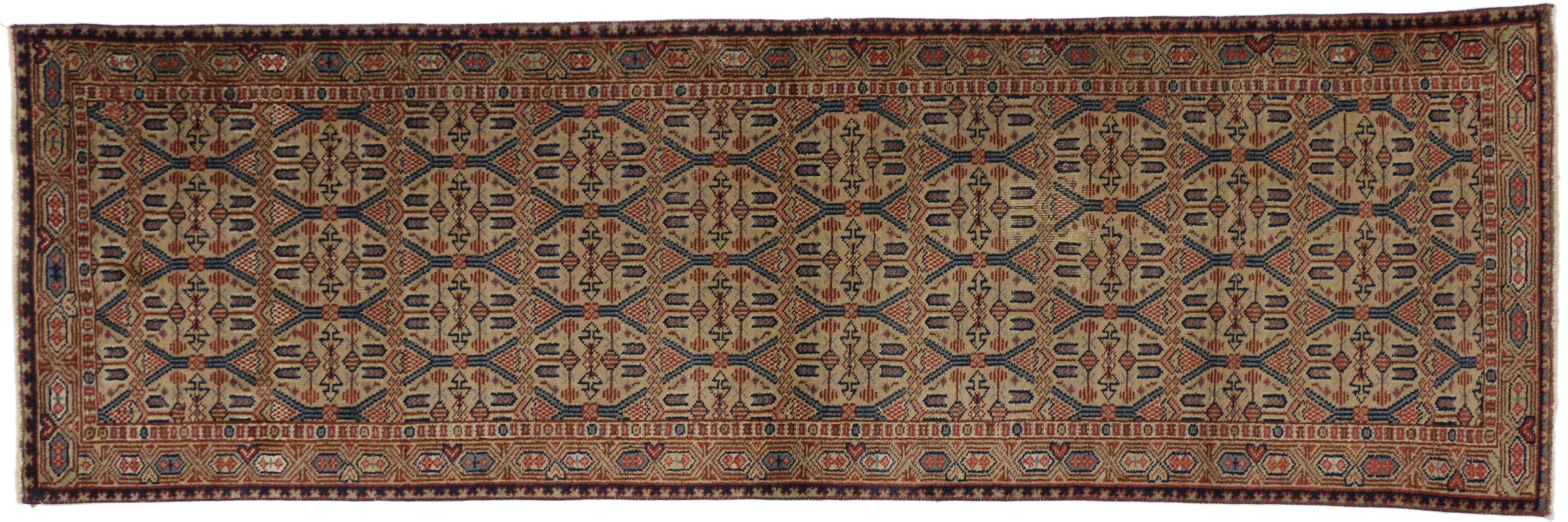 Wool Vintage Turkish Oushak Hallway Runner with Rustic Art Deco Style For Sale