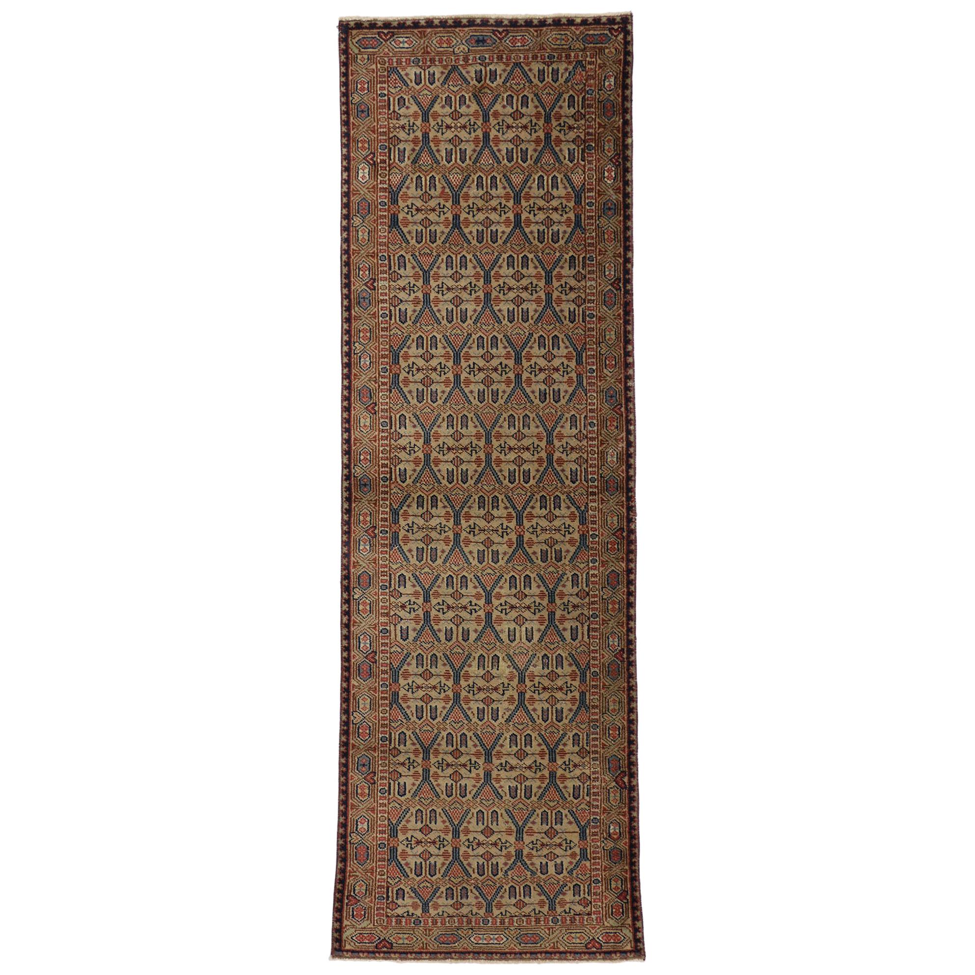Vintage Turkish Oushak Hallway Runner with Rustic Art Deco Style For Sale