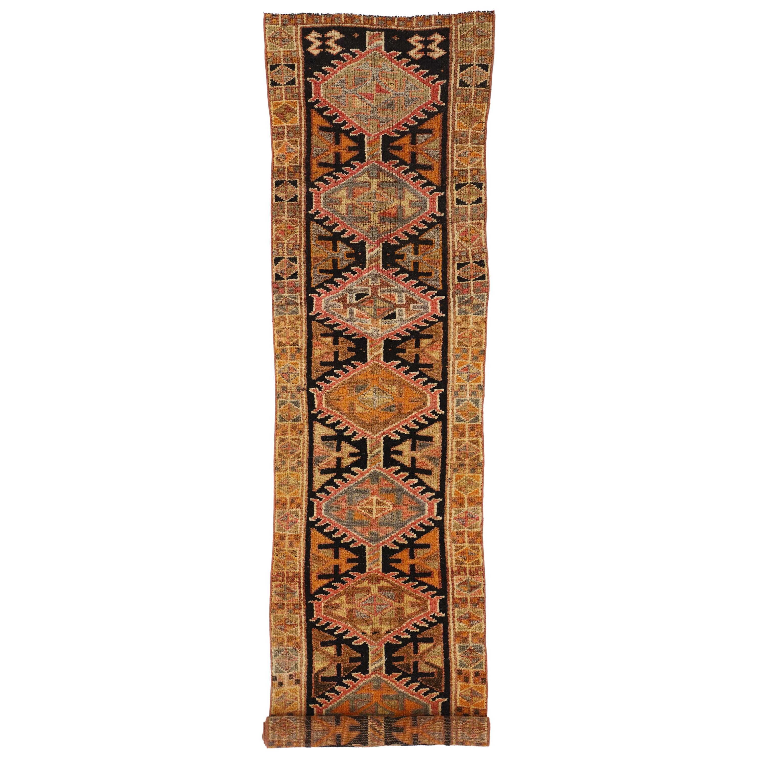 Vintage Turkish Oushak Hallway Runner with Rustic Arts & Crafts Style For Sale