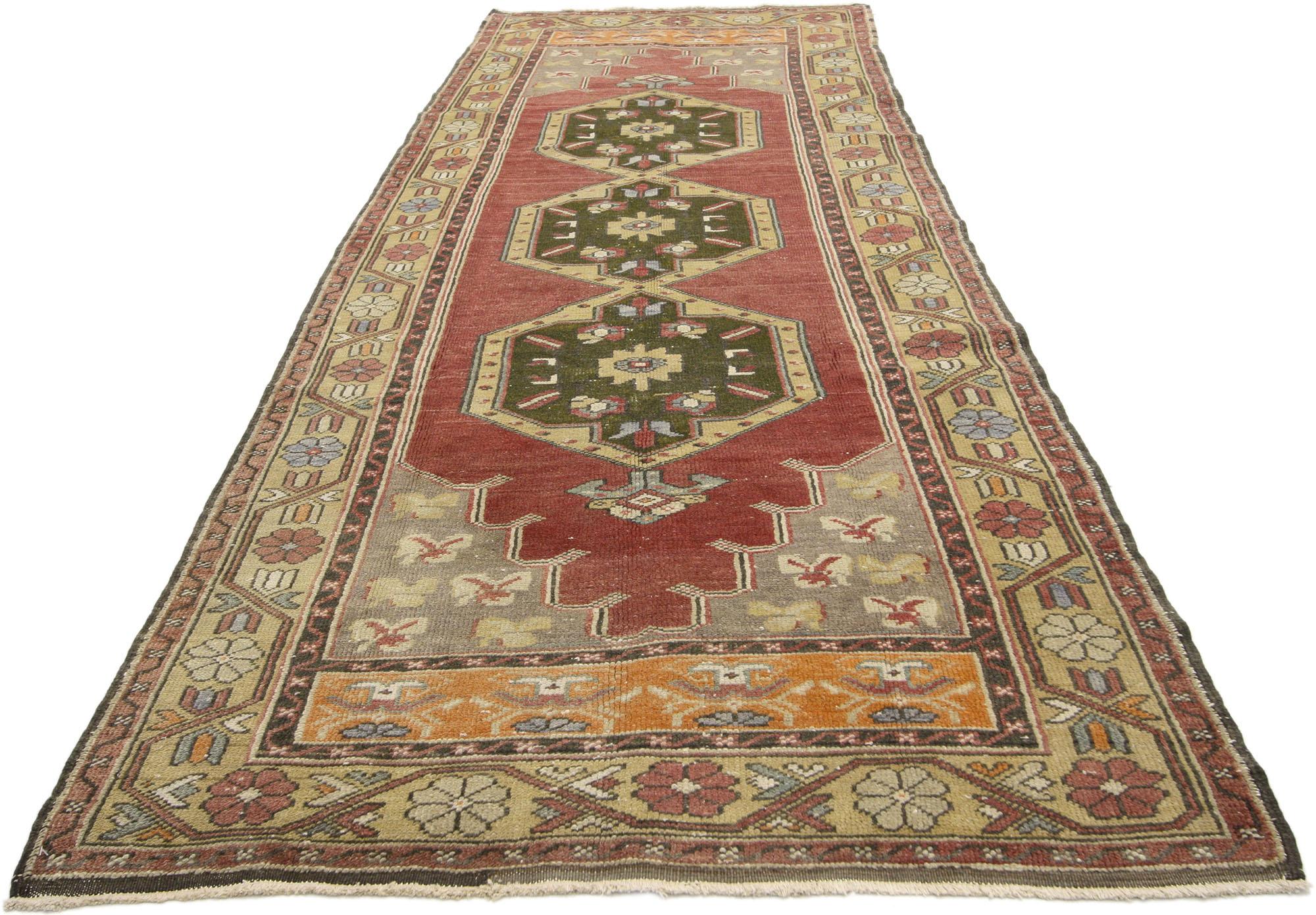 Vintage Turkish Oushak Hallway Runner with Rustic Style For Sale 4