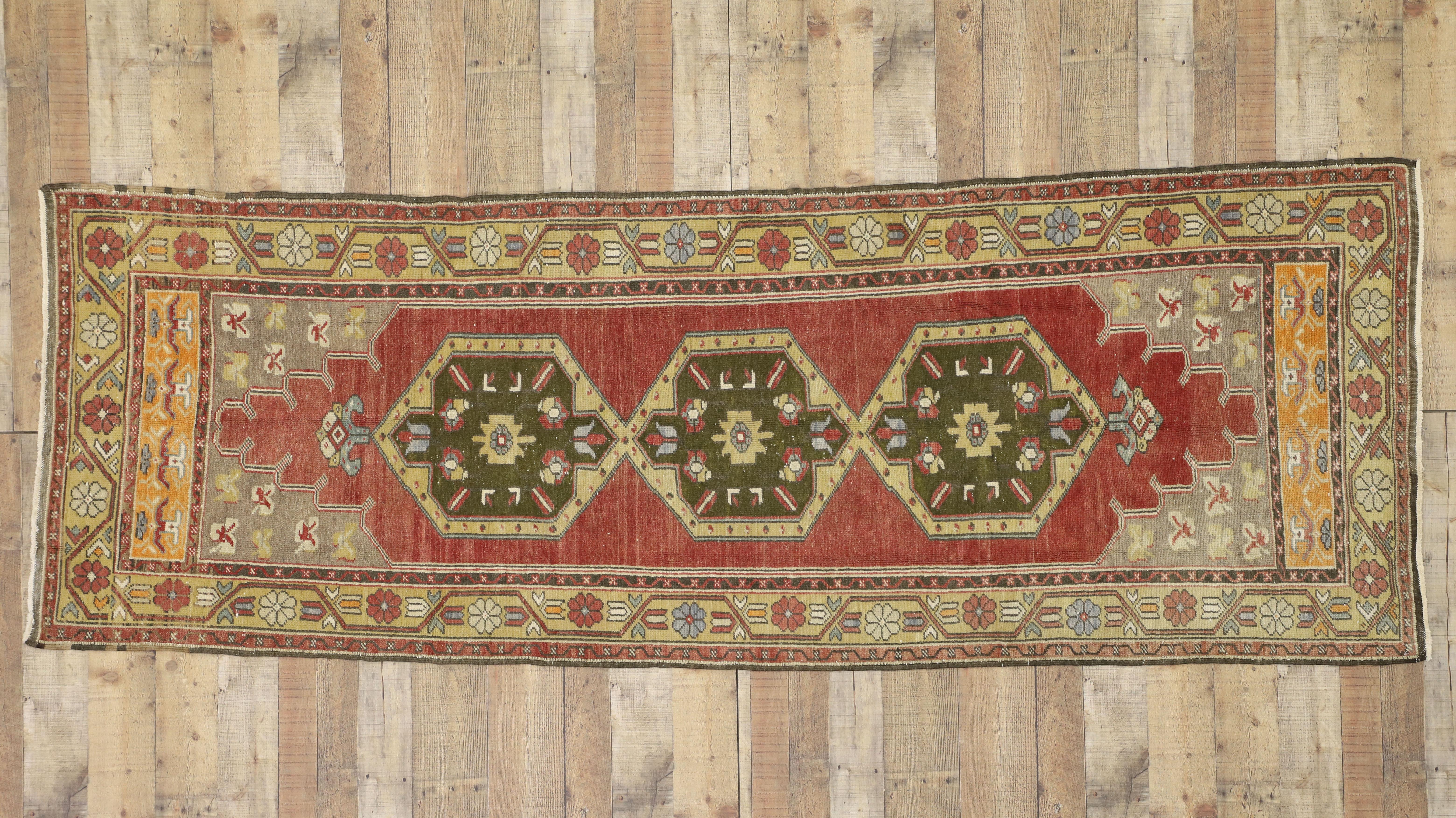 Hand-Knotted Vintage Turkish Oushak Hallway Runner with Rustic Style For Sale