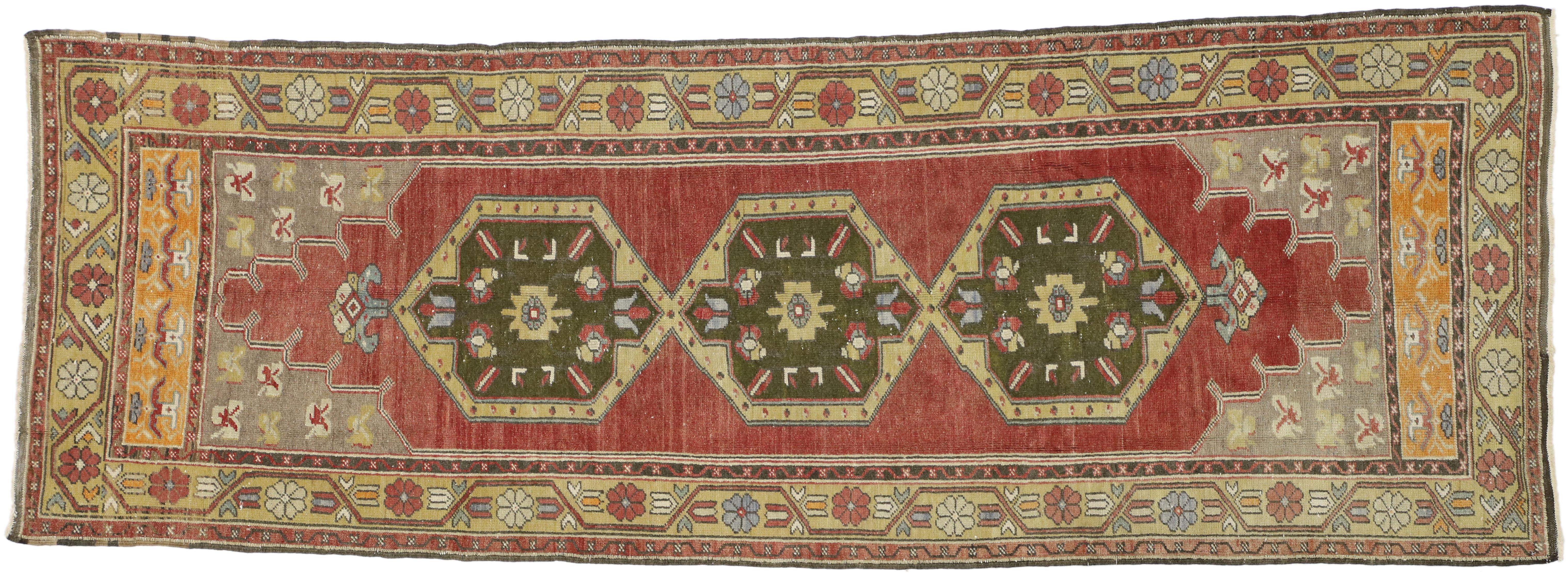 Vintage Turkish Oushak Hallway Runner with Rustic Style For Sale 2