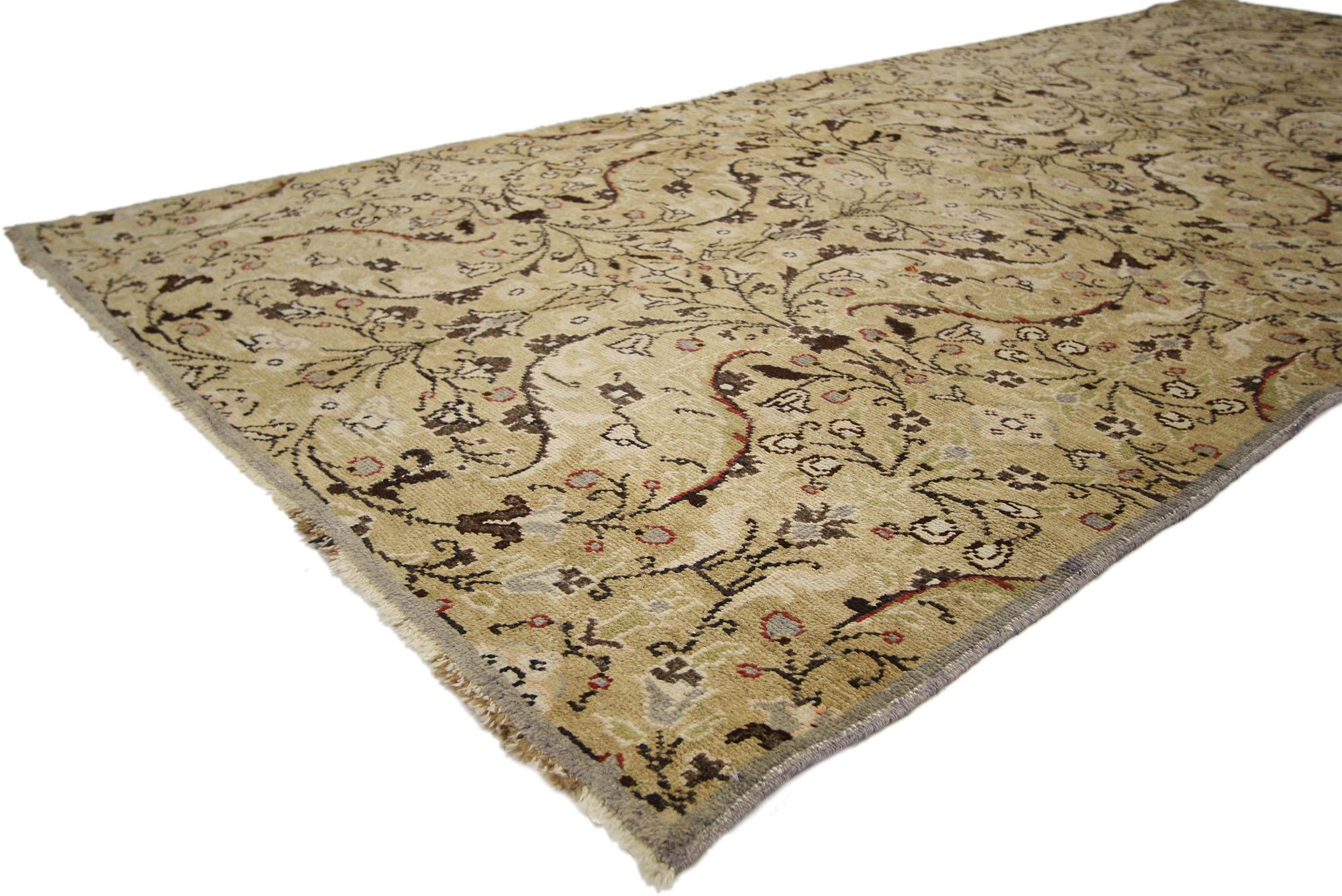 73754, vintage Turkish Oushak Hallway runner with Rustic Swedish farmhouse style. This hand knotted wool vintage Turkish Oushak runner with rustic Swedish Farmhouse style is characterized by subtle tones and traditional elegance. The tan field and