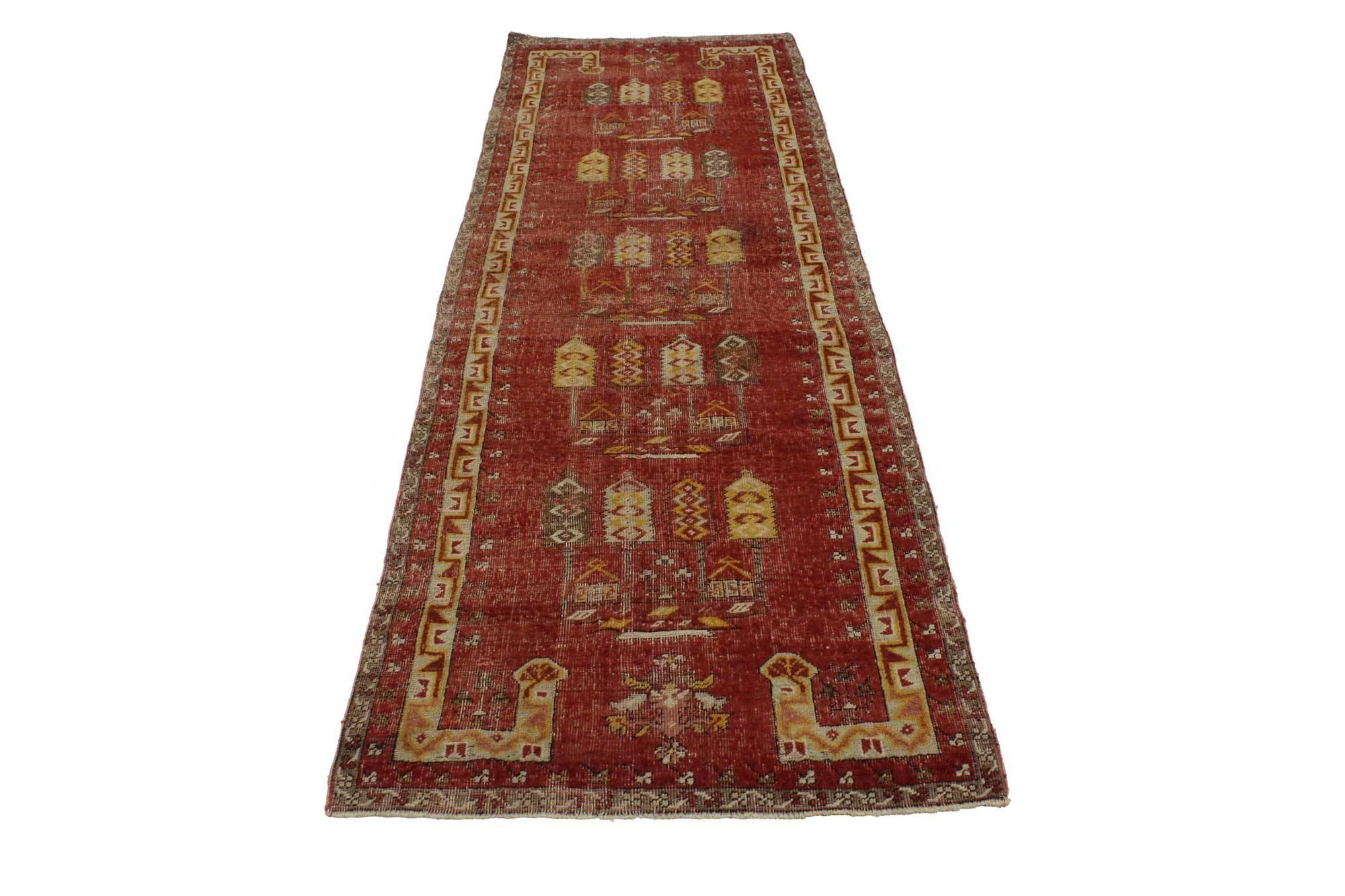 51729 Distressed Vintage Anatolian Kirsehir Prayer Rug with Graveyard Marker Design and Spanish Revival Mission Style 02'07 x 08'07 From Esmaili Rugs Collection. This hand-knotted wool vintage Turkish Oushak runner features pictorial design with