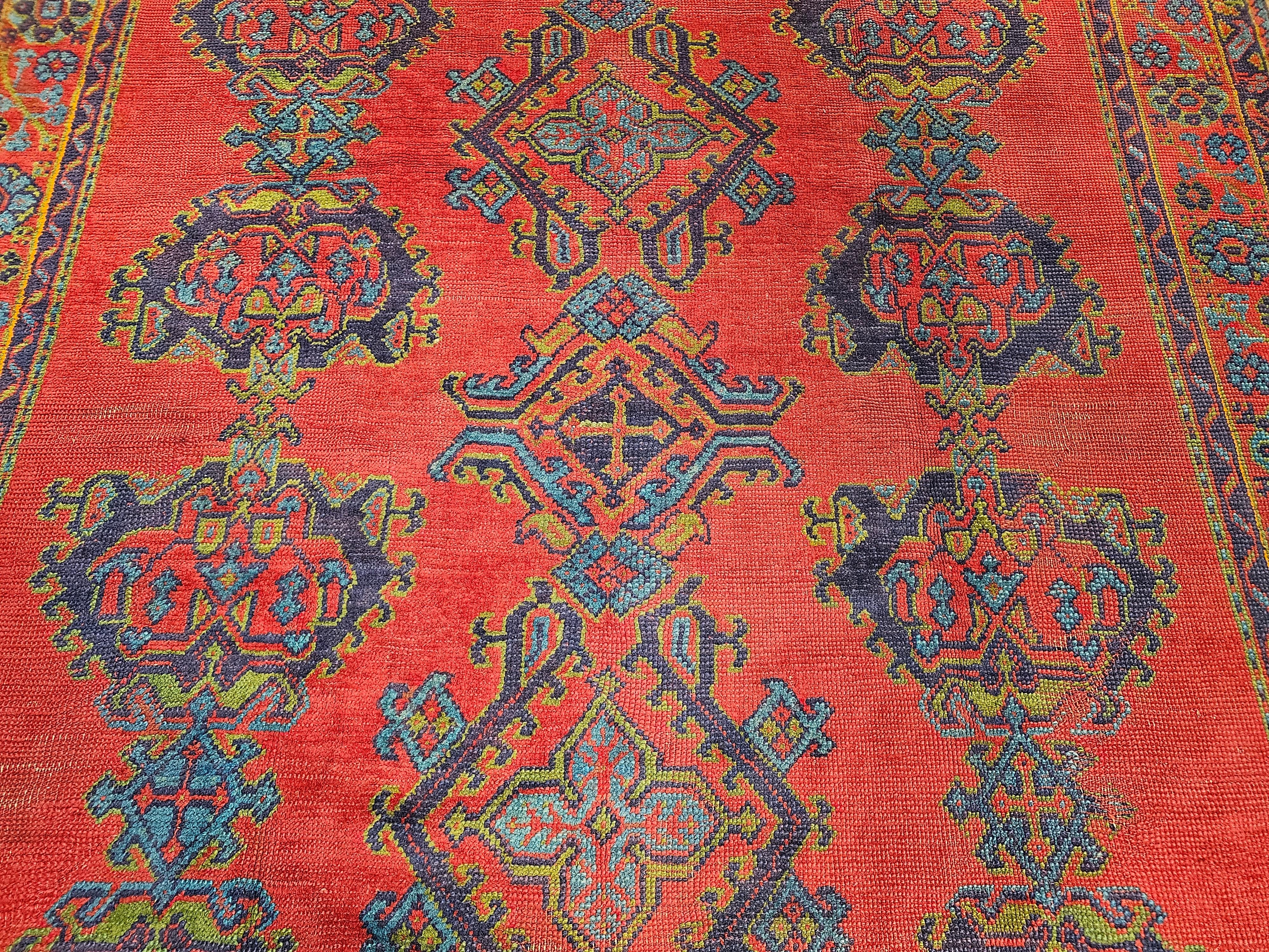 Vintage Turkish Oushak in Allover Pattern in Red, Green, Blue, Purple, Yellow For Sale 6