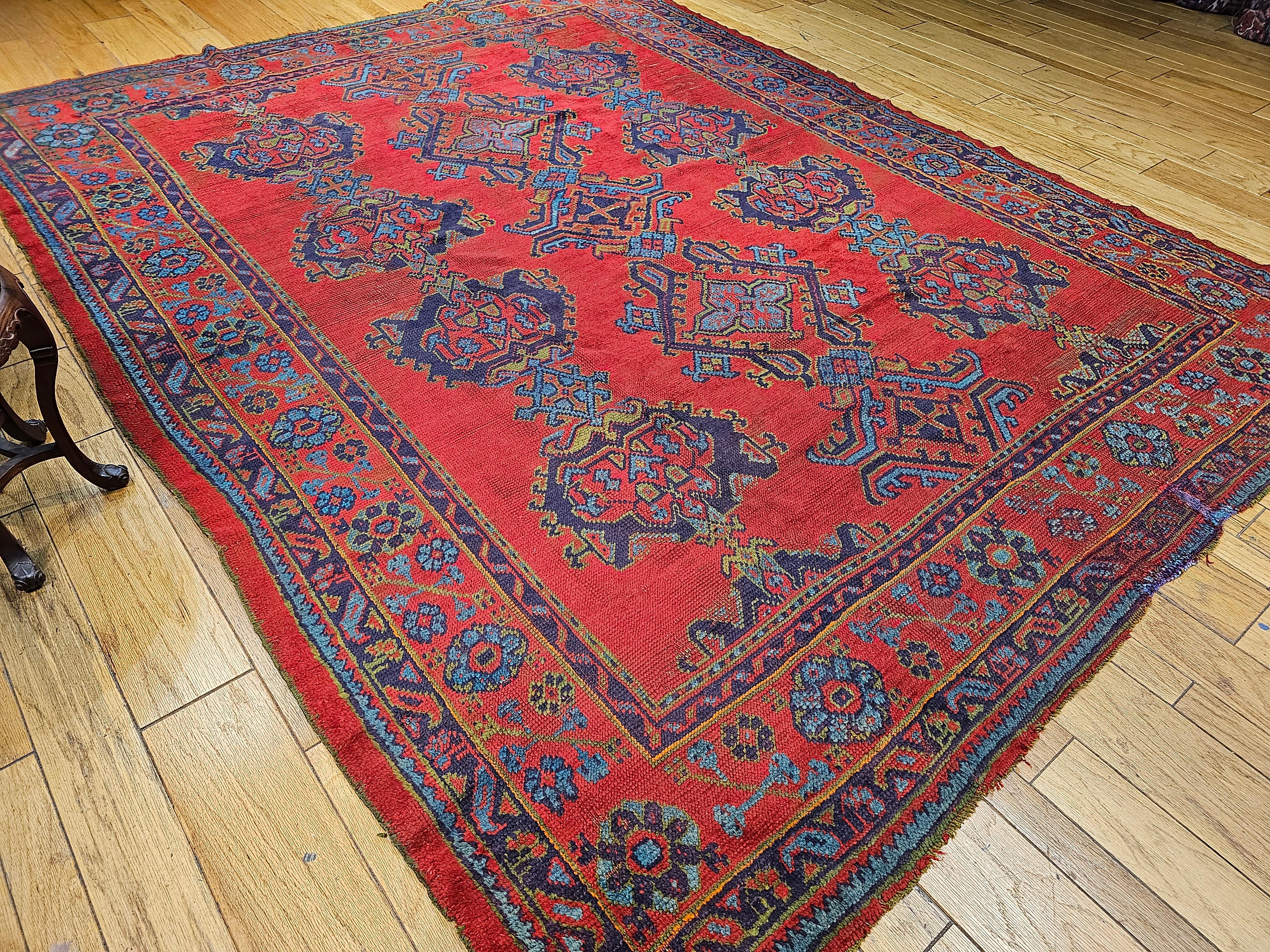 Vintage Turkish Oushak in Allover Pattern in Red, Green, Blue, Purple, Yellow For Sale 11