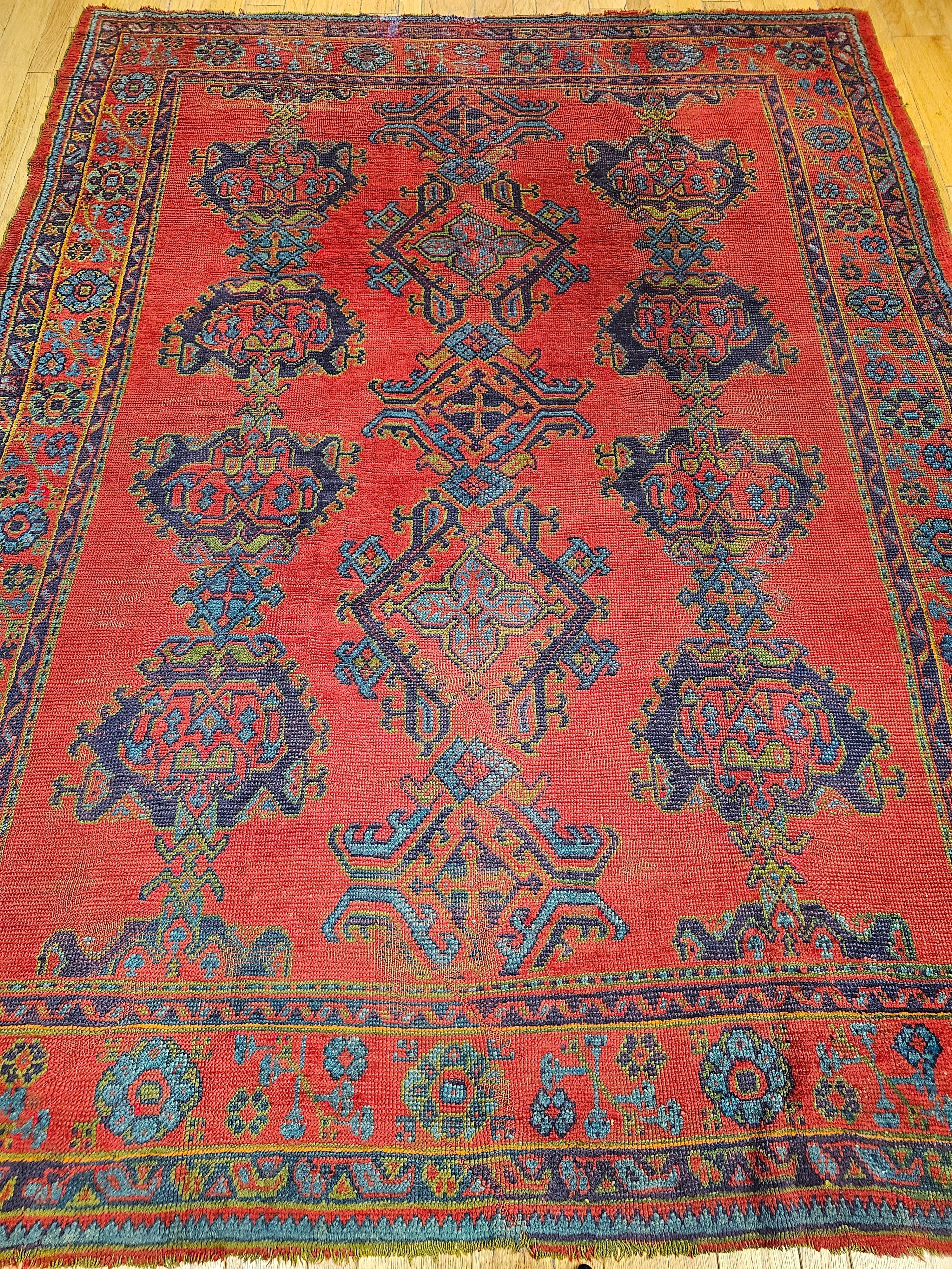 Vintage Turkish Oushak in Allover Pattern in Red, Green, Blue, Purple, Yellow For Sale 13