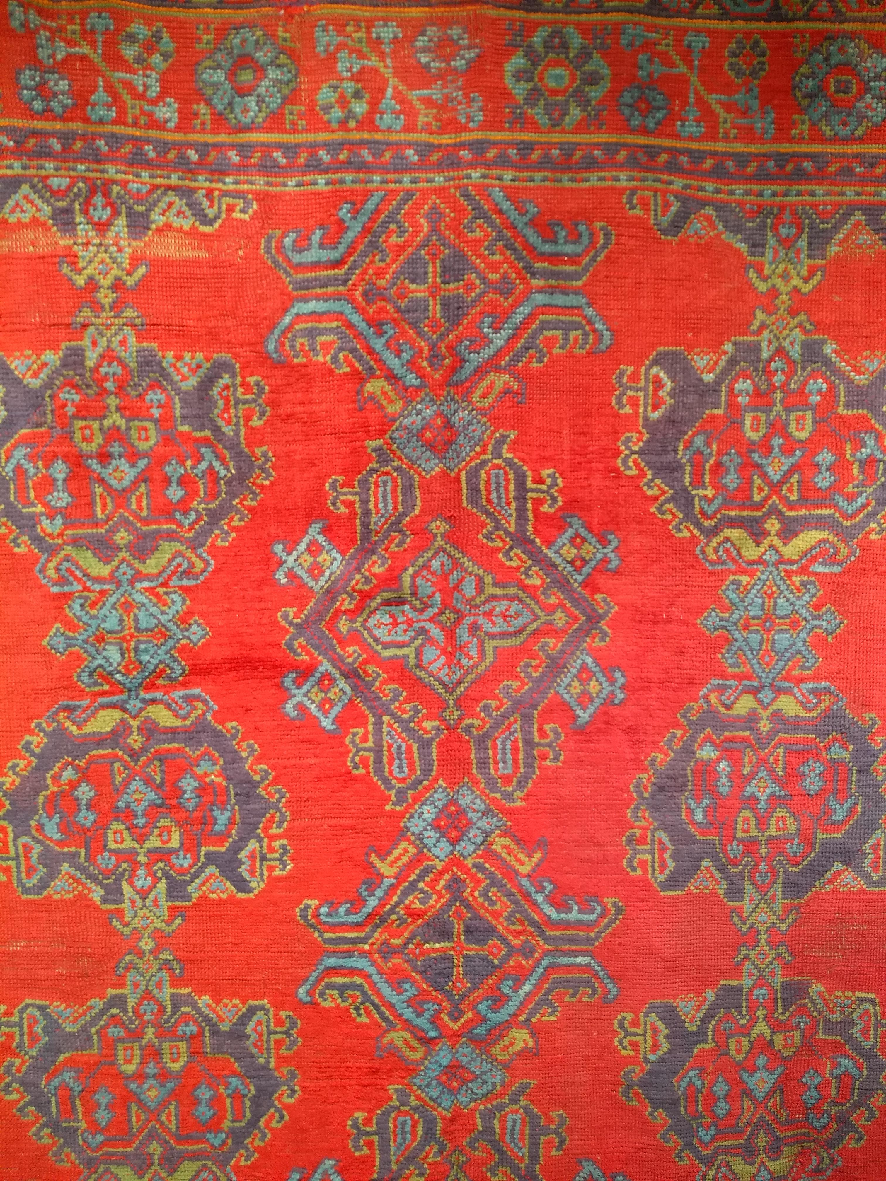 Hand-Woven Vintage Turkish Oushak in Allover Pattern in Red, Green, Blue, Purple, Yellow For Sale