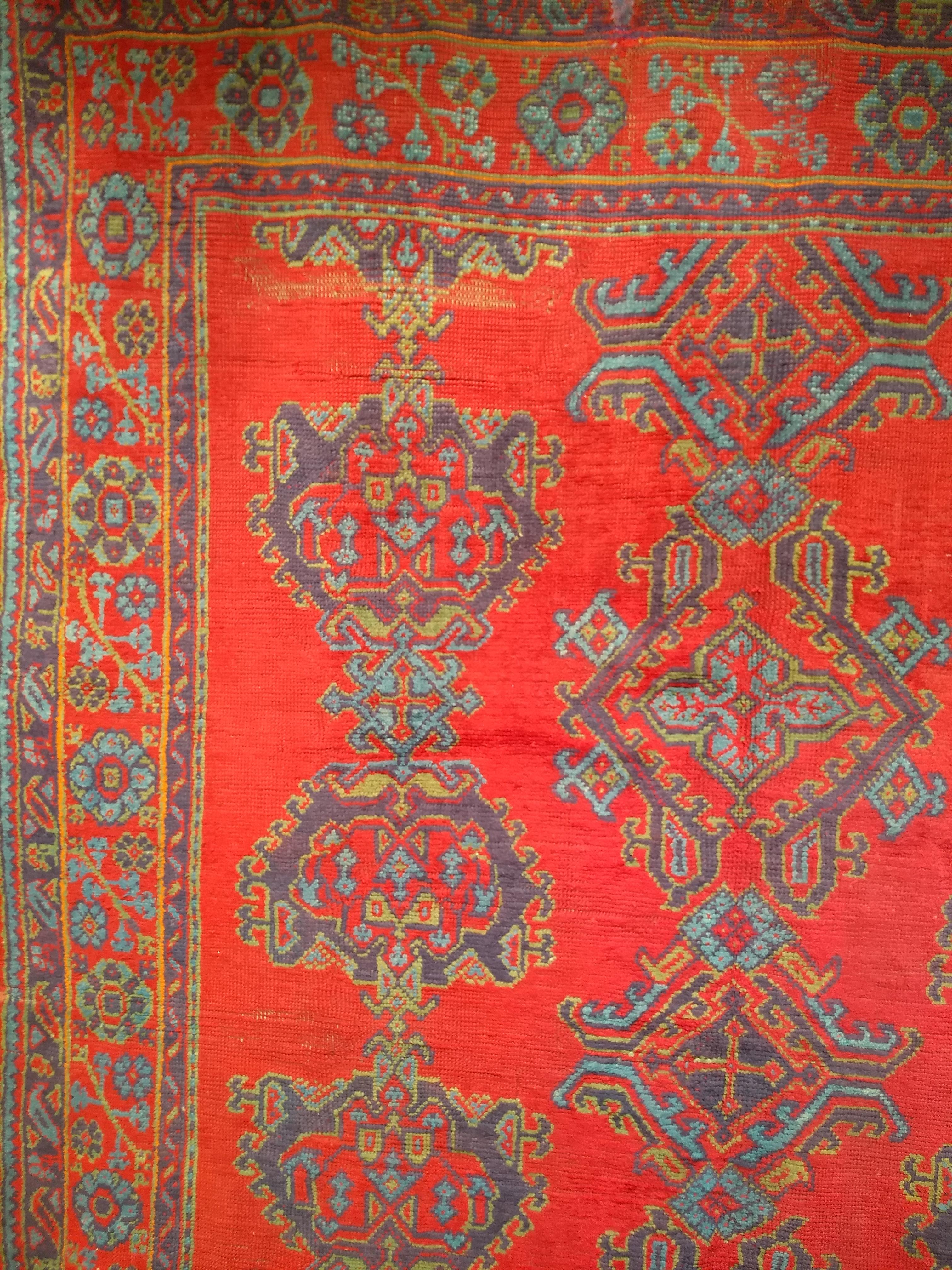 20th Century Vintage Turkish Oushak in Allover Pattern in Red, Green, Blue, Purple, Yellow For Sale