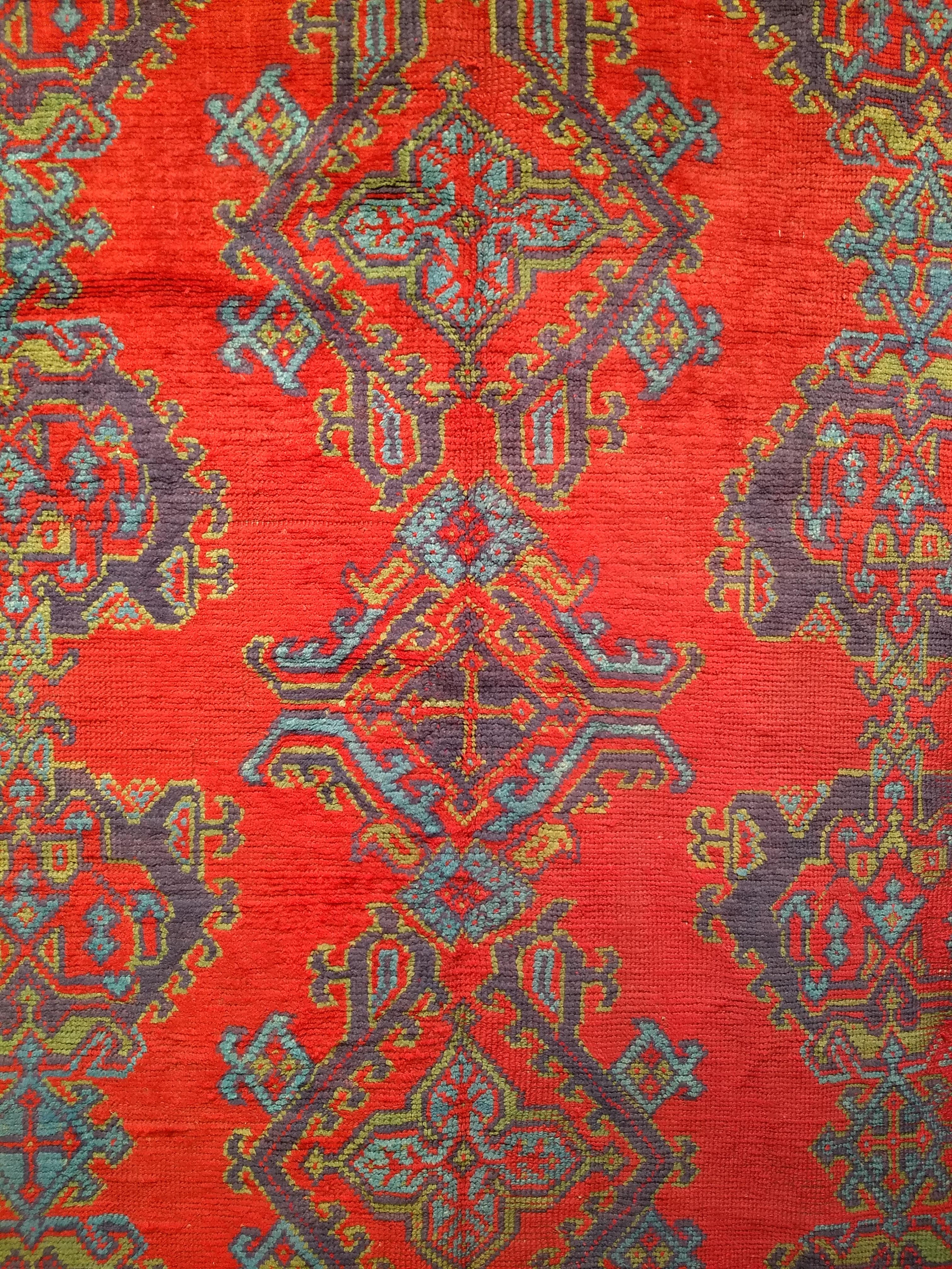 Wool Vintage Turkish Oushak in Allover Pattern in Red, Green, Blue, Purple, Yellow For Sale