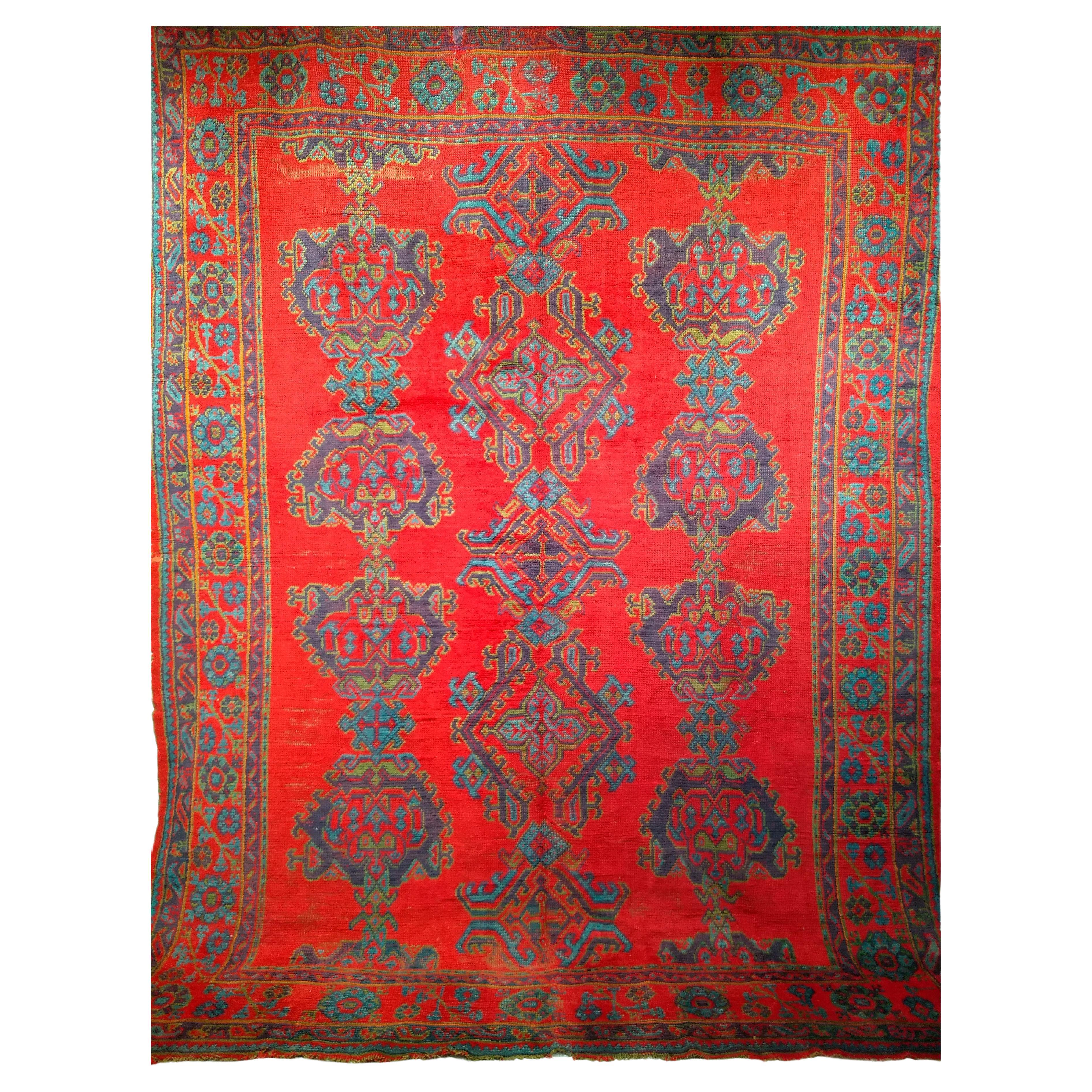 Early 20th Century Turkish Oushak Rug in Allover Geometric Design in Red, Green