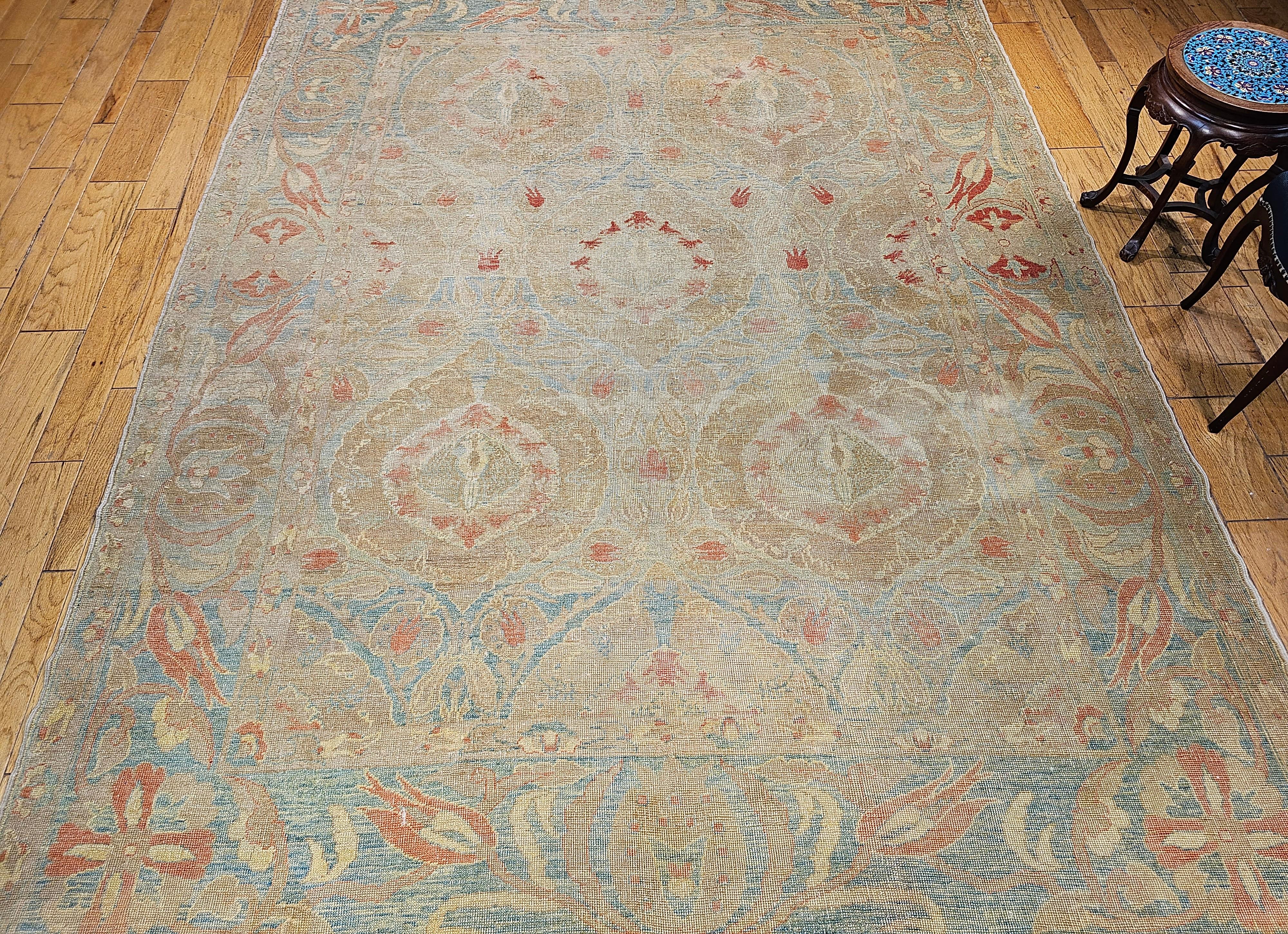 Vintage Turkish Oushak in an All-Over Large Pattern in Camel, Baby Blue, Yellow For Sale 6