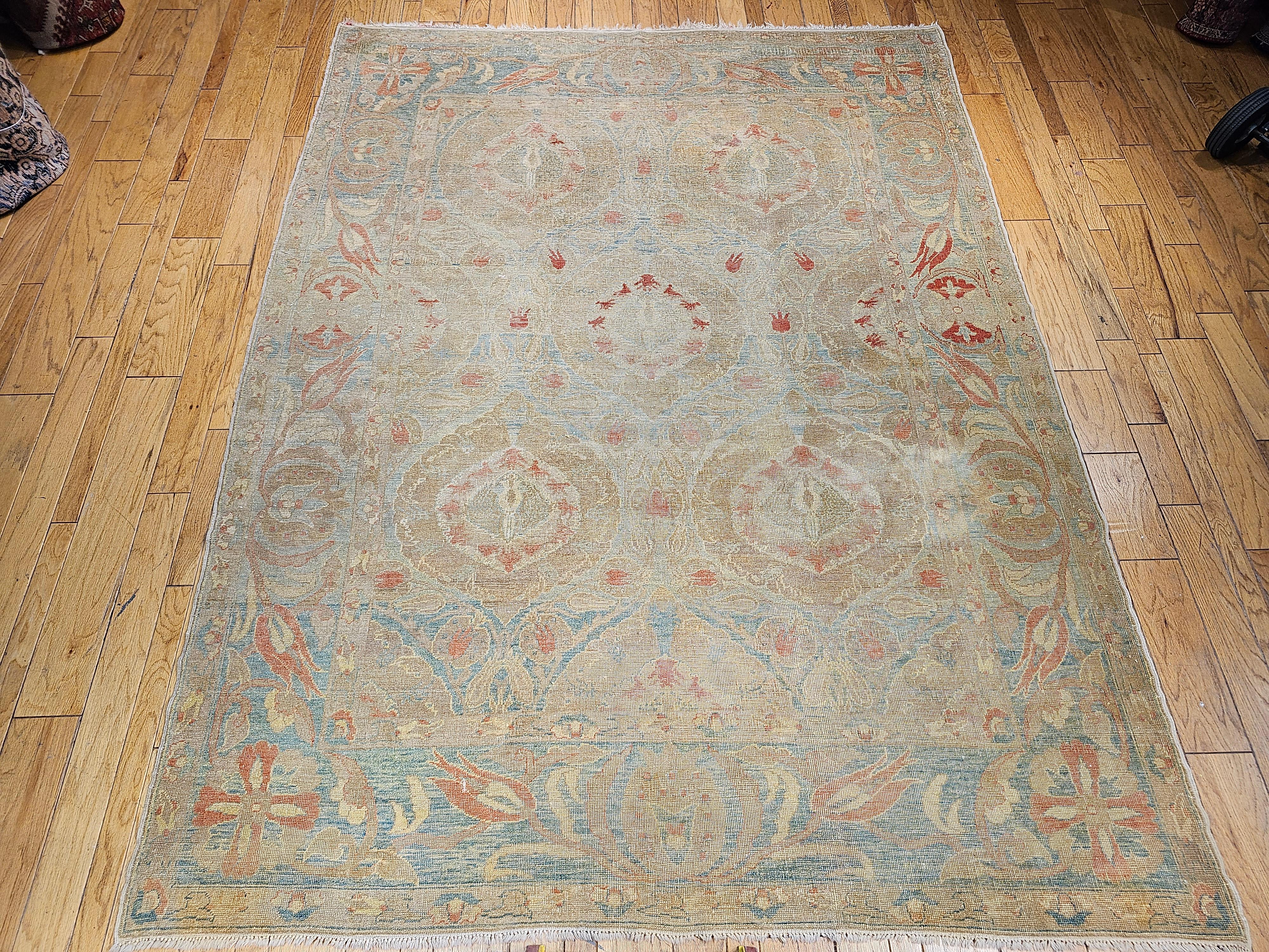 Vintage Turkish Oushak in an All-Over Large Pattern in Camel, Baby Blue, Yellow For Sale 12