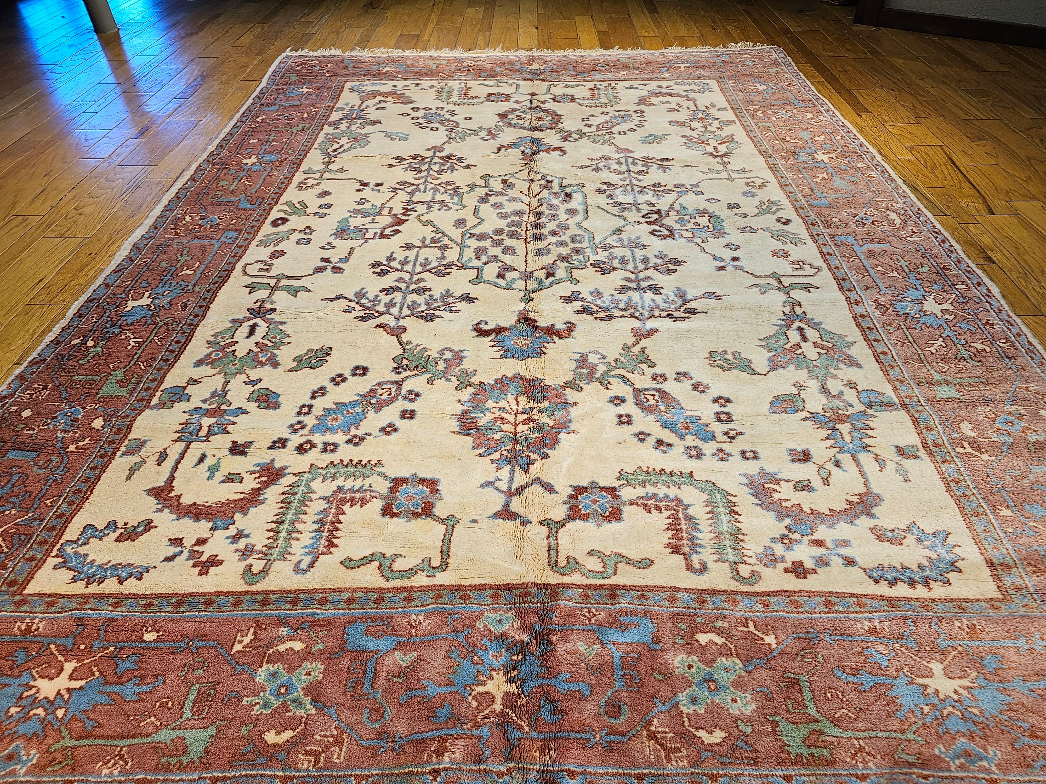 Vintage Turkish  Oushak in an All-Over Pattern in Ivory, Baby Blue, Green, Brown In Good Condition For Sale In Barrington, IL