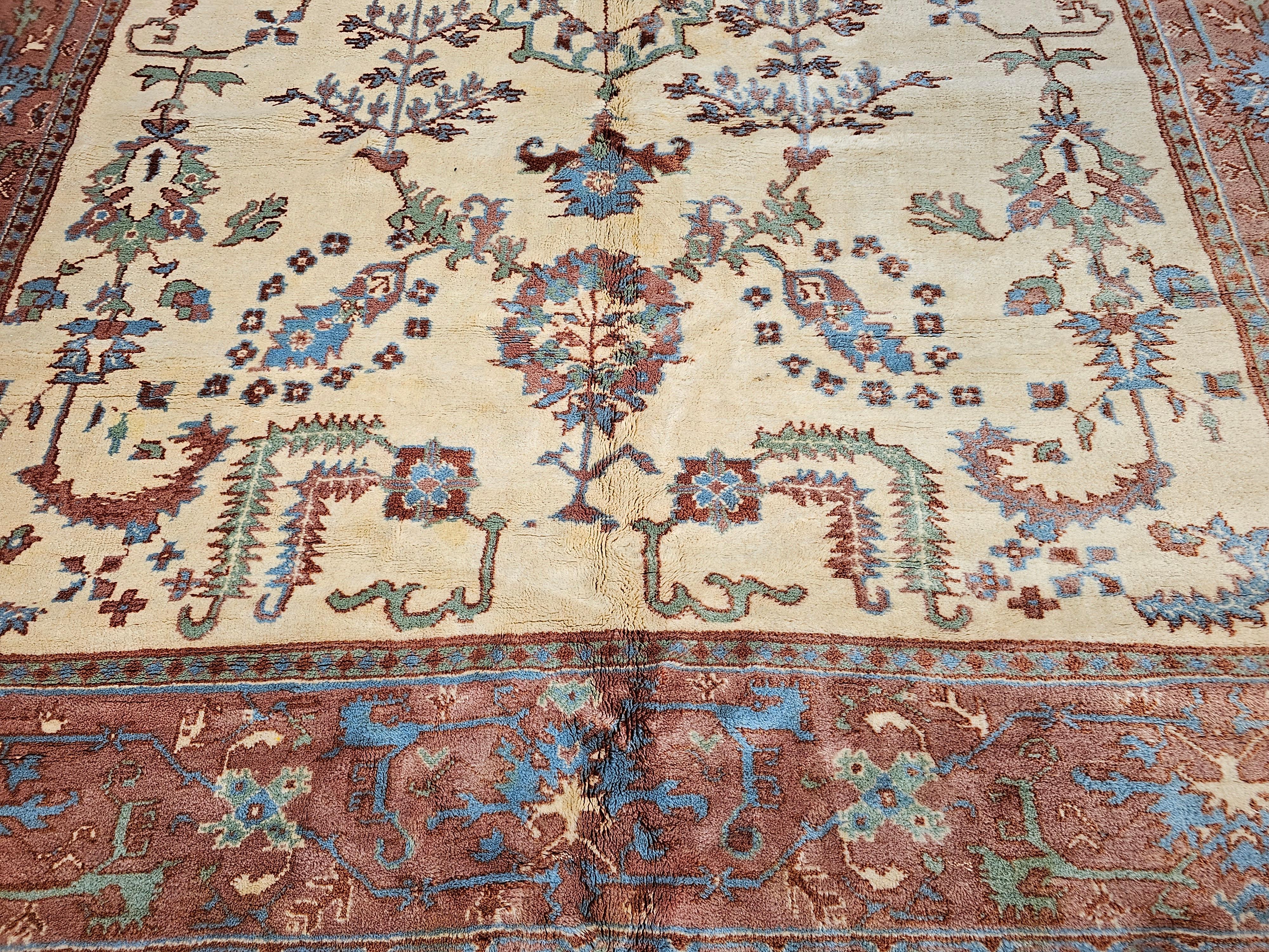 20th Century Vintage Turkish  Oushak in an All-Over Pattern in Ivory, Baby Blue, Green, Brown For Sale