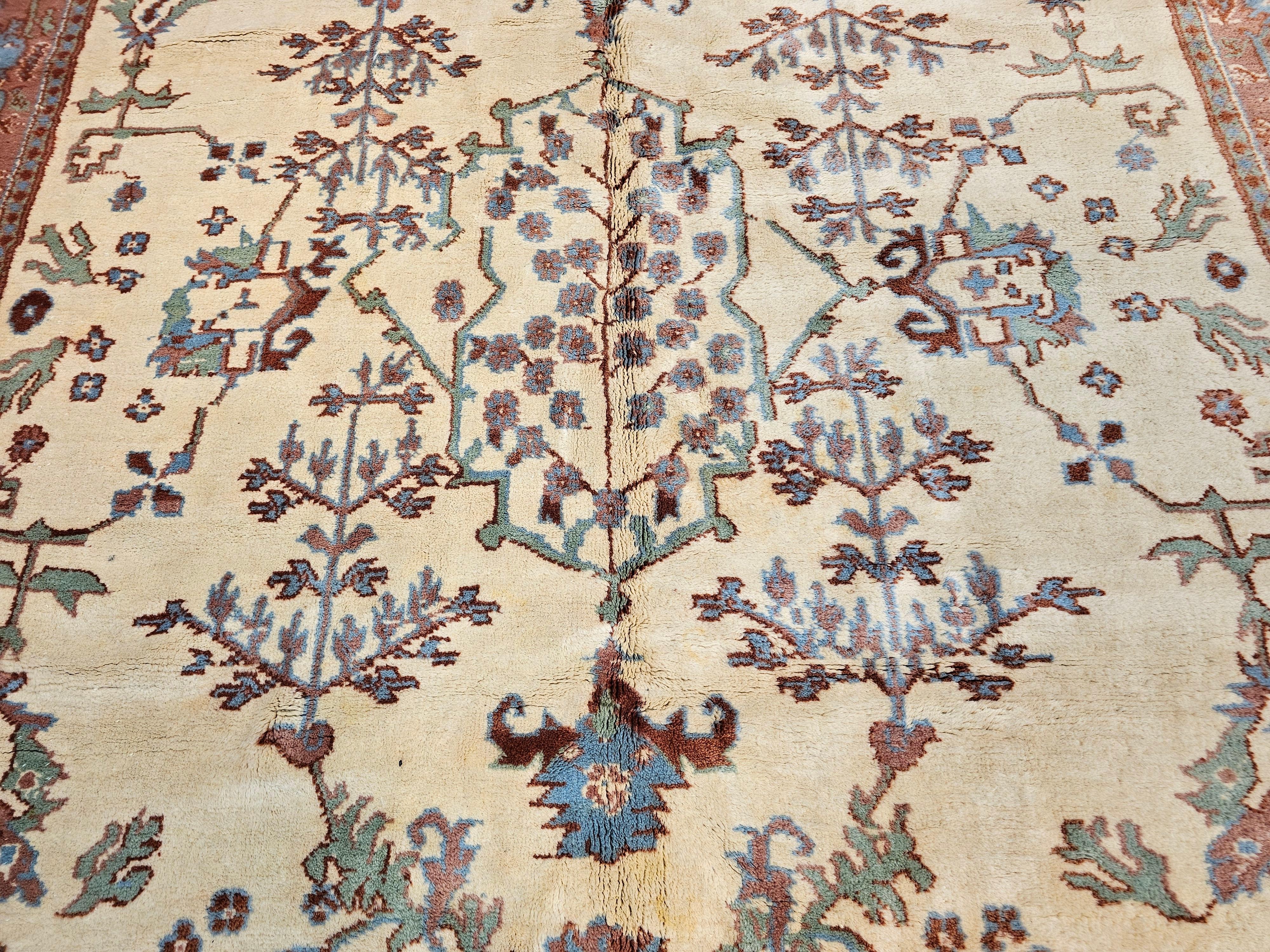 Wool Vintage Turkish  Oushak in an All-Over Pattern in Ivory, Baby Blue, Green, Brown For Sale