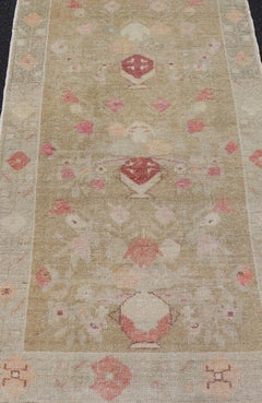 Vintage Turkish Oushak in Colorful Floral Designs Set on Sand-Green Field