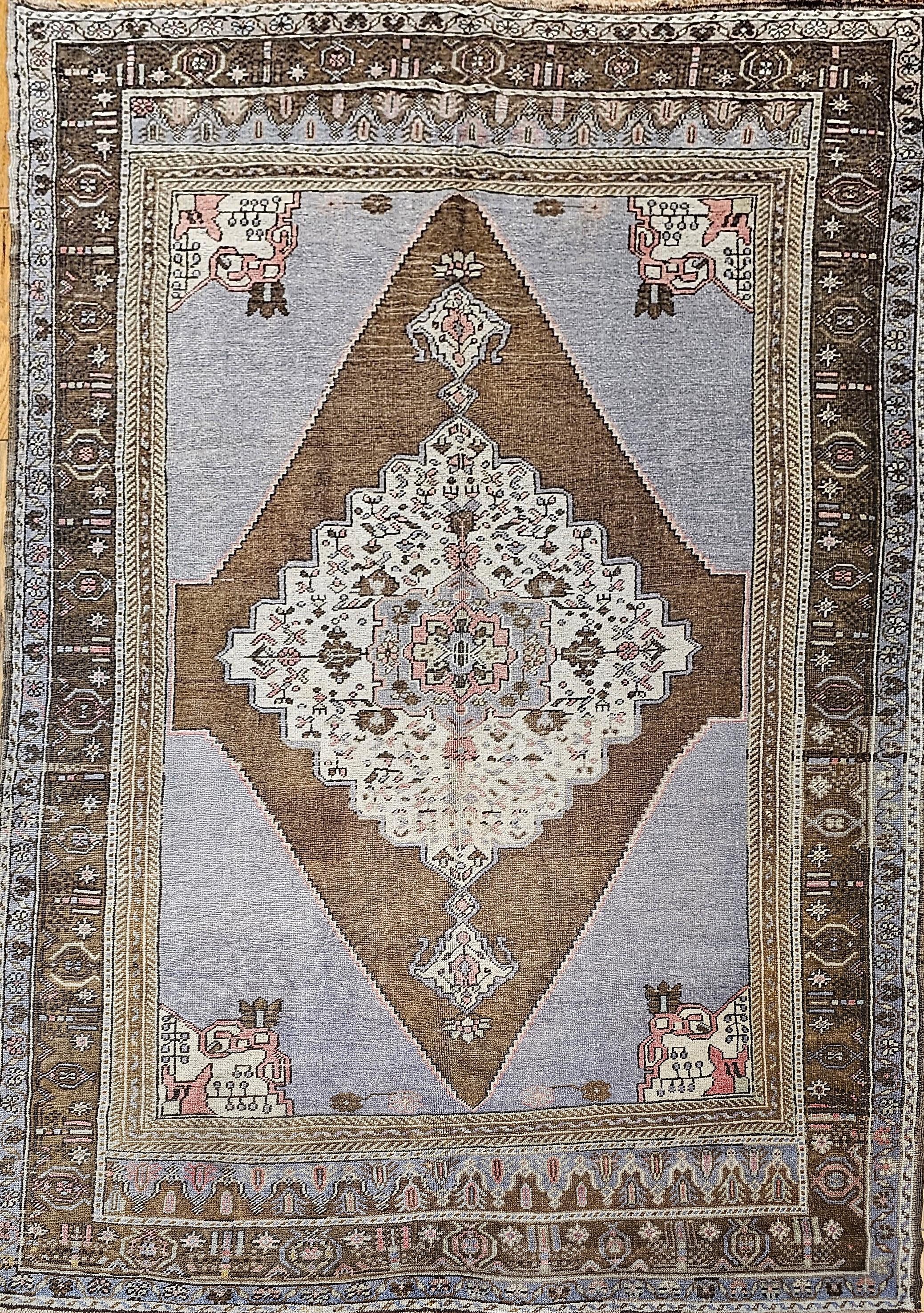 Vintage Turkish Oushak in Geometric Pattern in Blue, Lavender,  Brown, Ivory