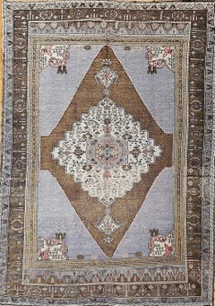 Antique Turkish Oushak in Geometric Pattern in Blue, Lavender,  Brown, Ivory