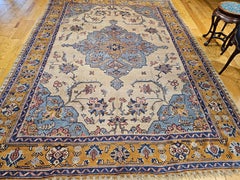Tappeto turco vintage Oushak, tessuto a mano con motivi geometrici, avorio e blu, 8' x 11'