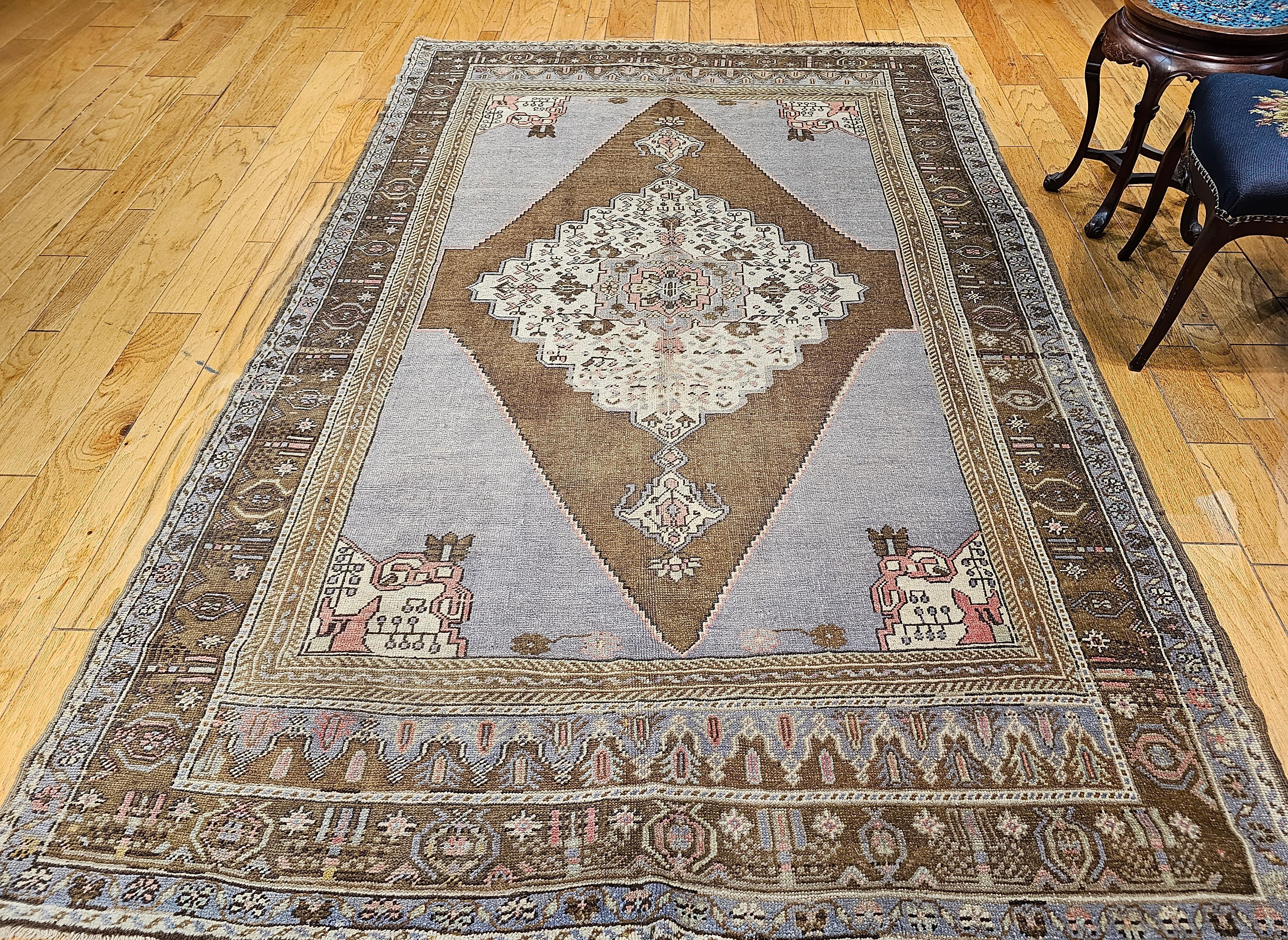 Vintage Turkish Oushak in Geometric Pattern in Blue, Lavender,  Brown, Ivory For Sale 6