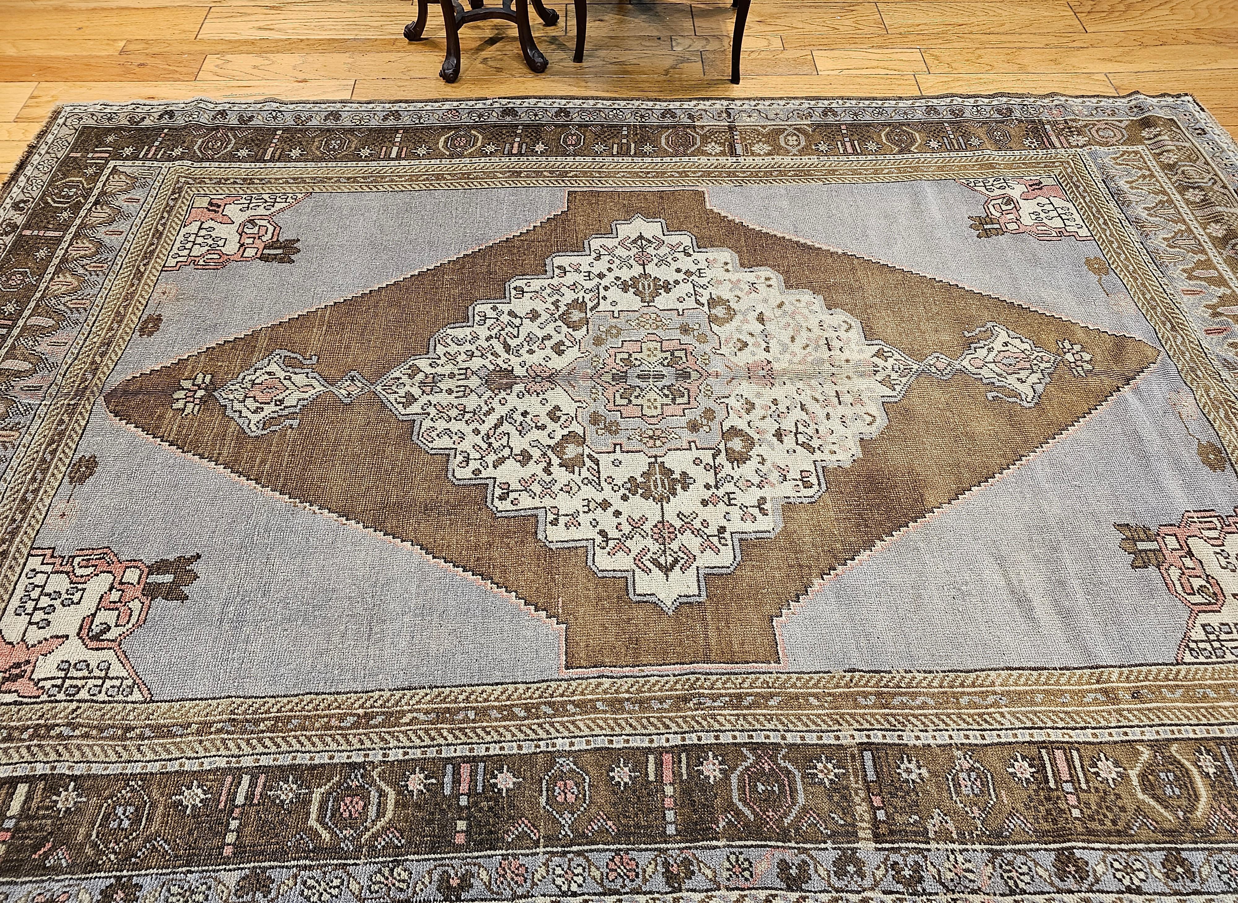Vintage Room Size Turkish Oushak in Geometric Pattern in Blue, Lavender,  Brown For Sale 11