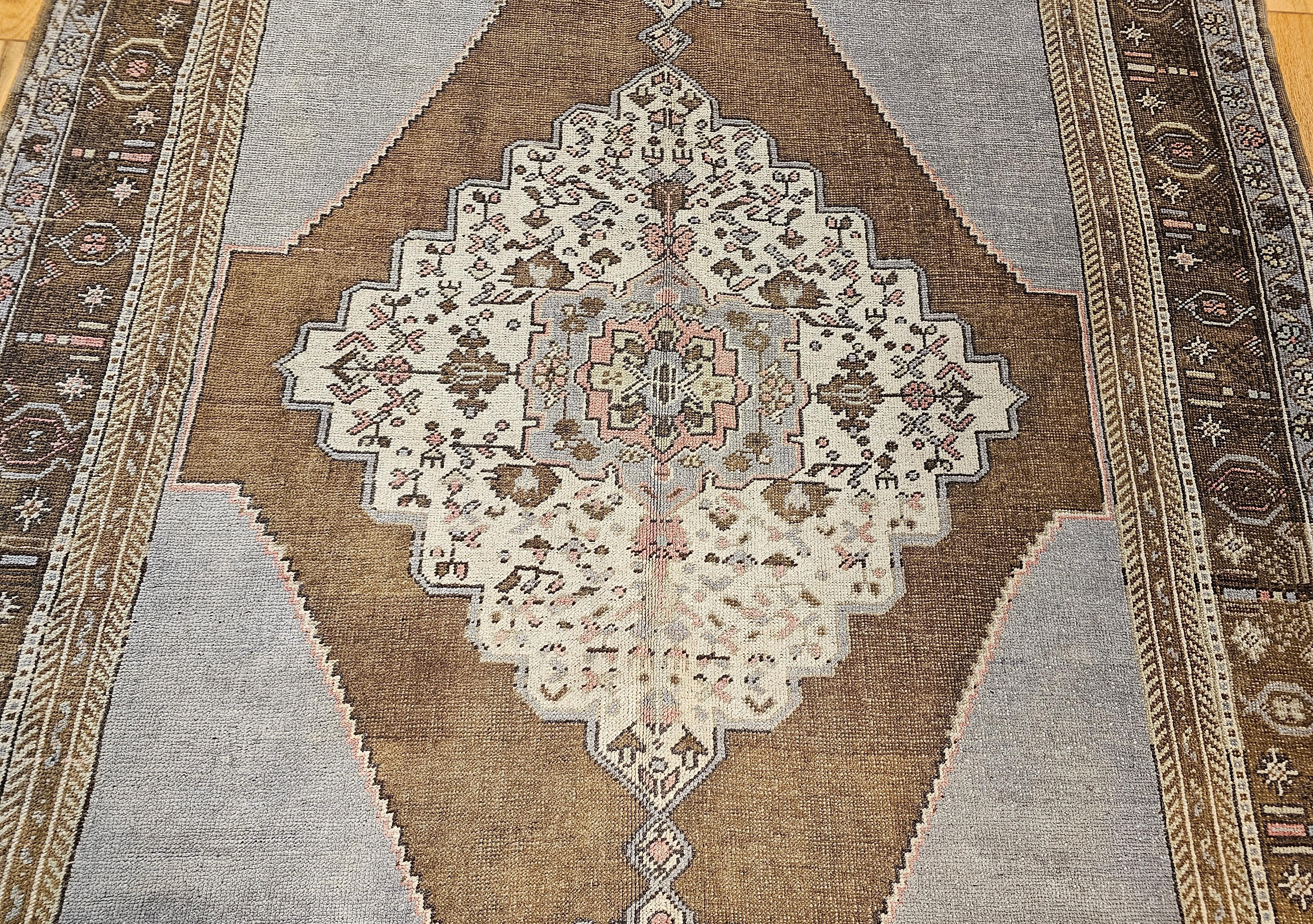 Vintage Room Size Turkish Oushak in Geometric Pattern in Blue, Lavender,  Brown In Good Condition For Sale In Barrington, IL