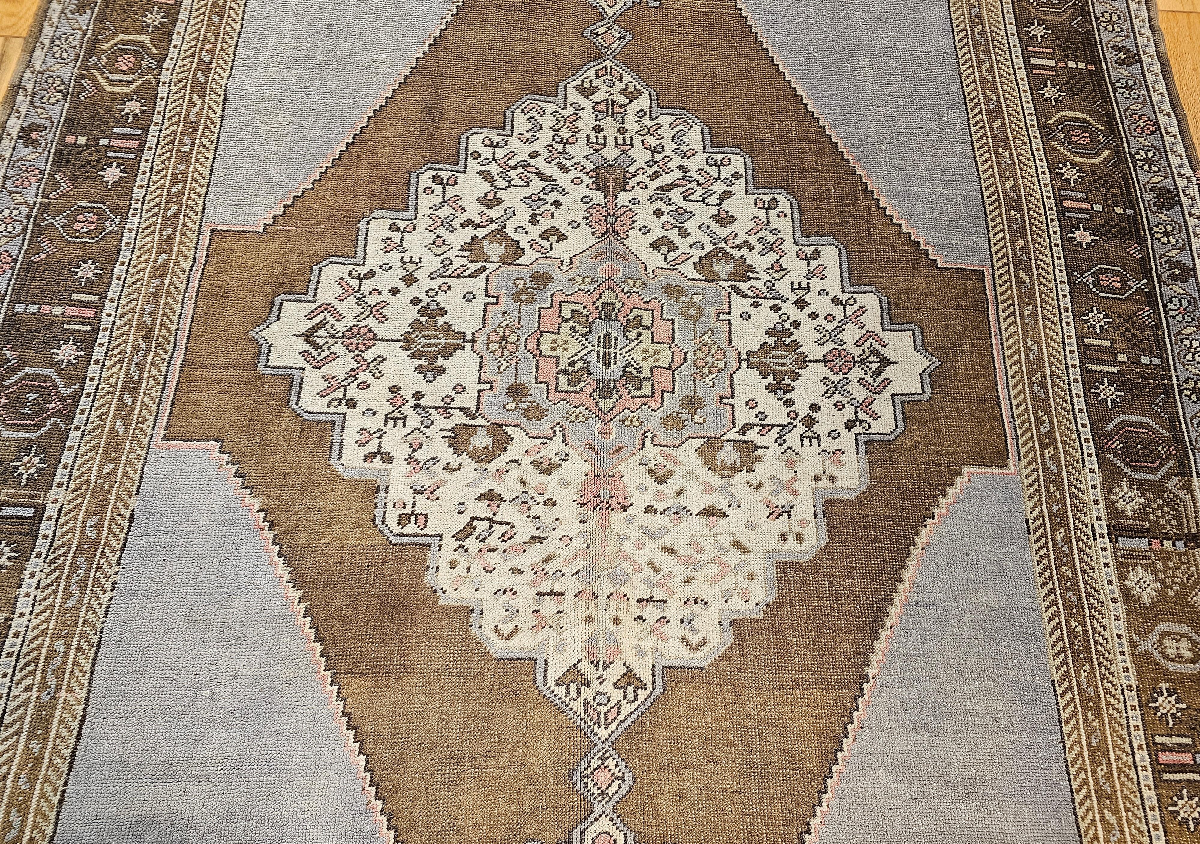 Vintage Turkish Oushak in Geometric Pattern in Blue, Lavender,  Brown, Ivory In Good Condition For Sale In Barrington, IL