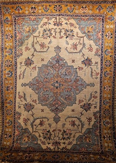 Oushak turc vintage à motif géométrique en ivoire, bleu pâle, jaune, rose