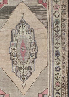 Vintage Turkish Oushak Rug in Soft Beige, Faded Rose, and Muted Lavender