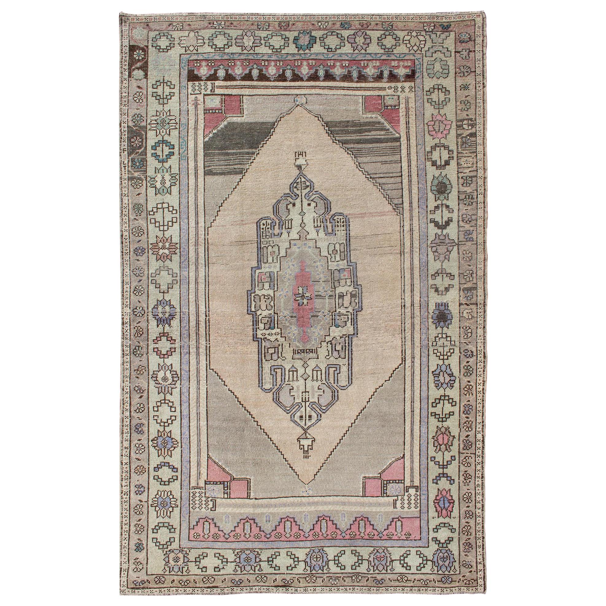 Vintage Turkish Oushak in Gray, Khaki, Taupe, Green, Purple, and Pink For Sale