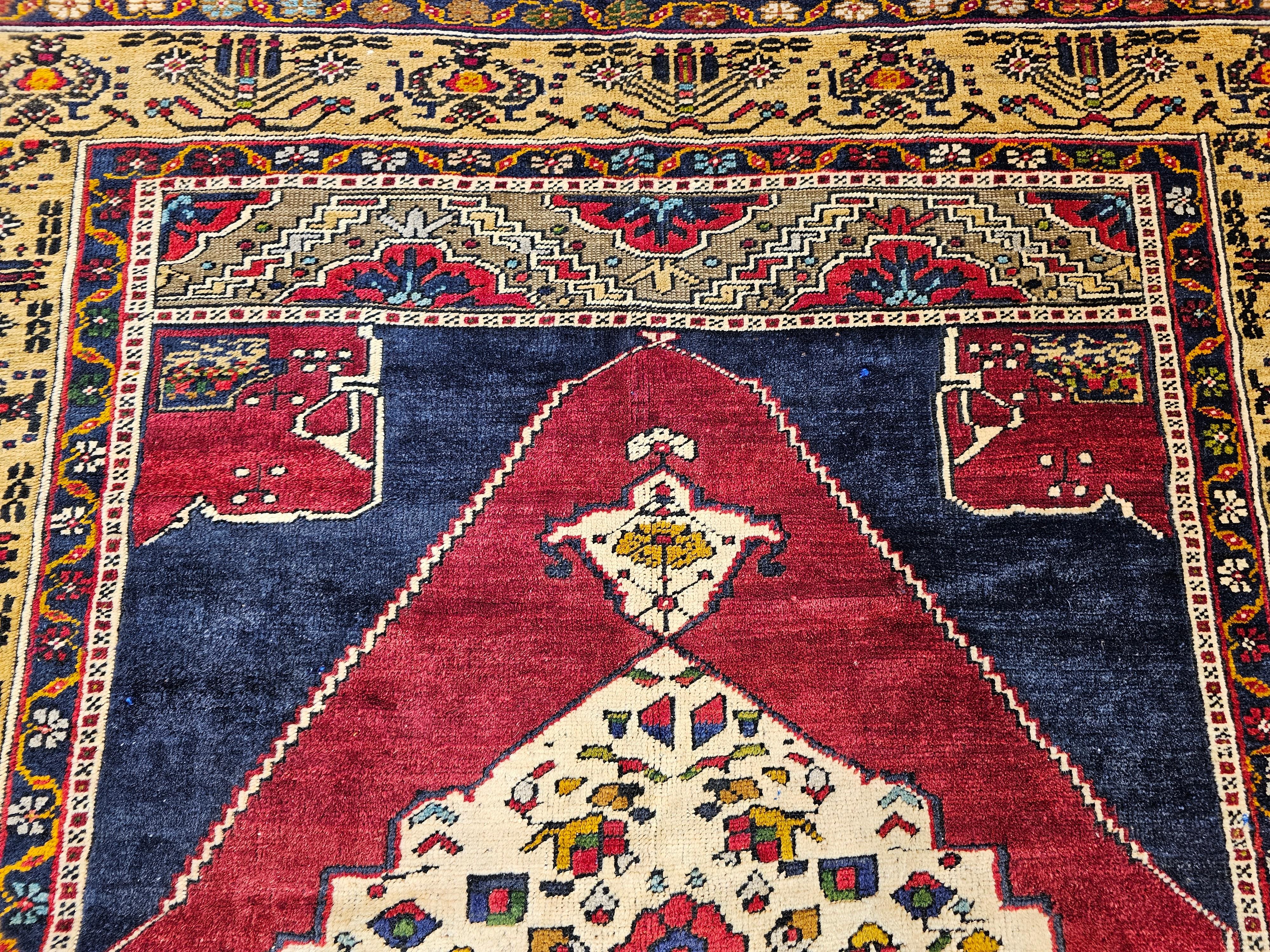 Vintage Turkish Oushak in Medallion Pattern in Blue, Red, Gray, Camel For Sale 5