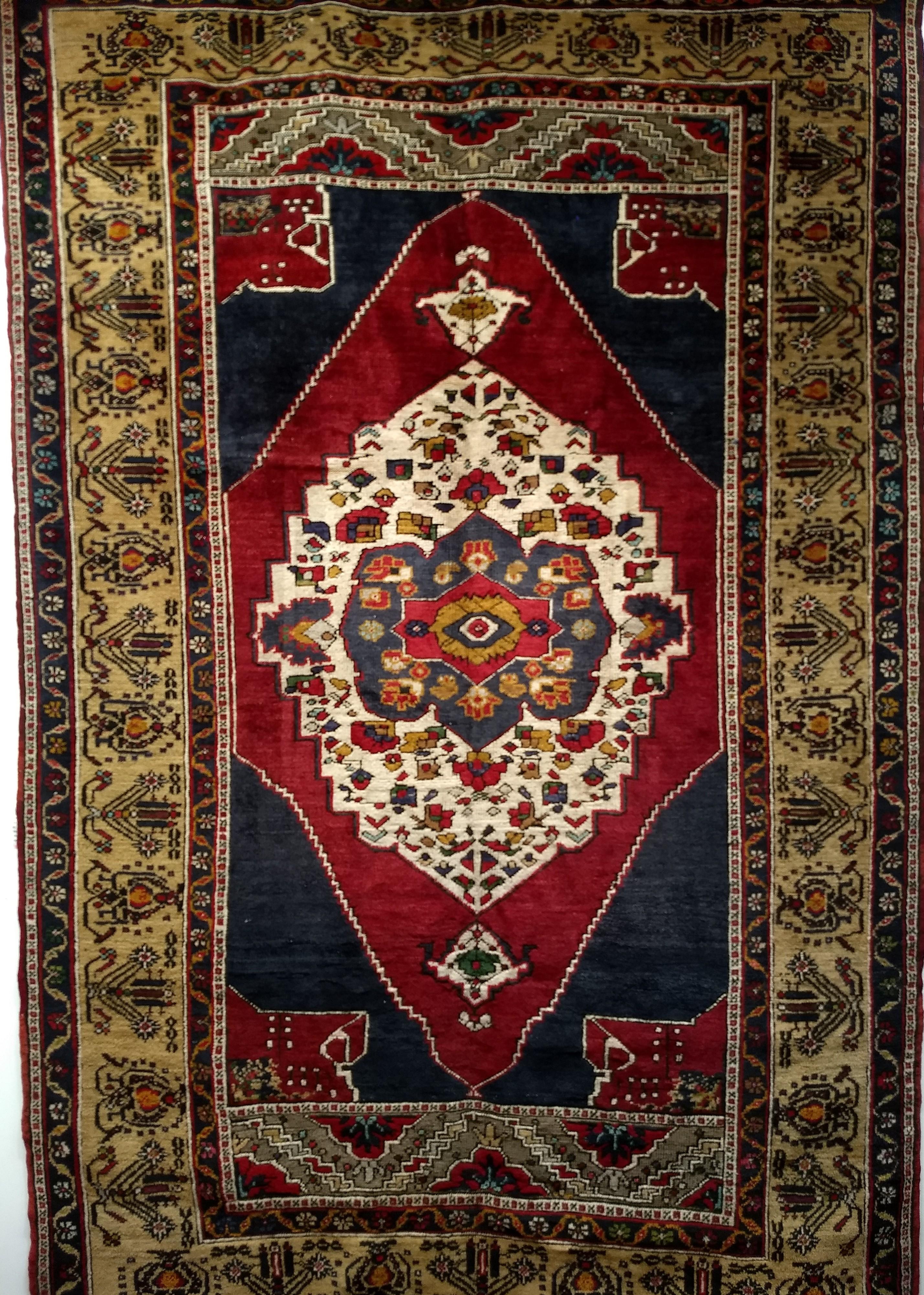 Hand-Woven Vintage Turkish Oushak in Medallion Pattern in Blue, Red, Gray, Camel For Sale