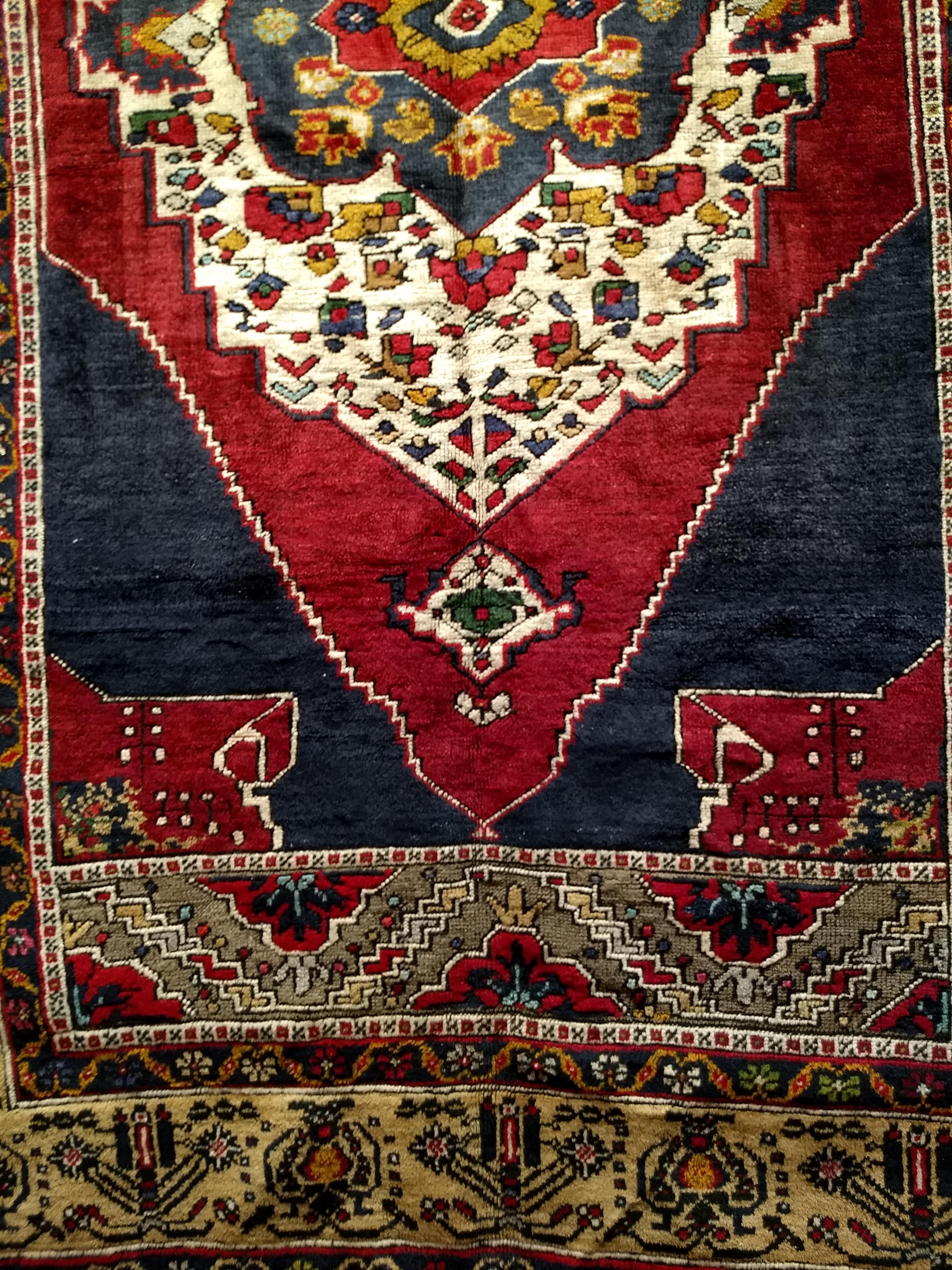 Wool Vintage Turkish Oushak in Medallion Pattern in Blue, Red, Gray, Camel For Sale