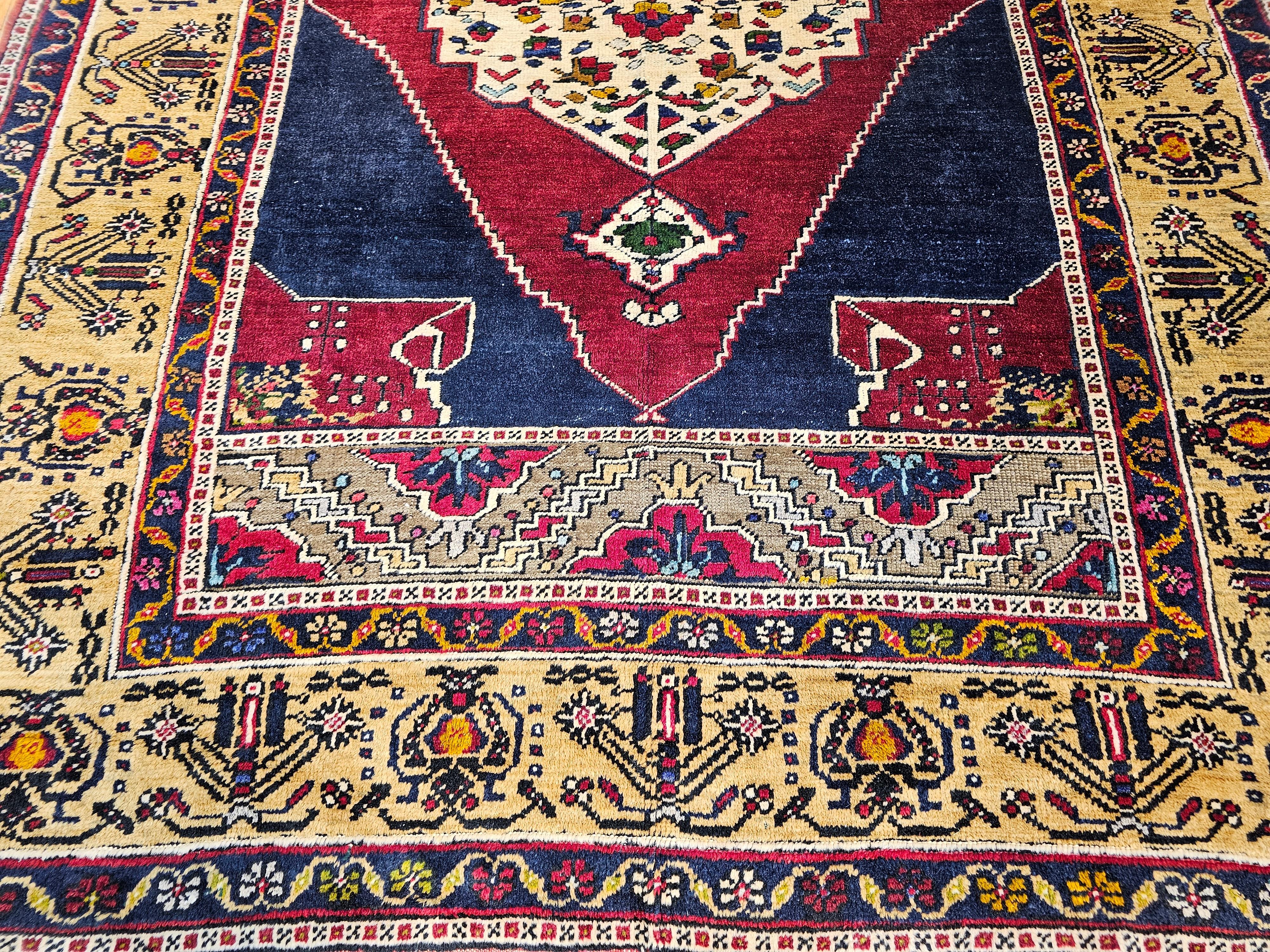 Vintage Turkish Oushak in Medallion Pattern in Blue, Red, Gray, Camel For Sale 3