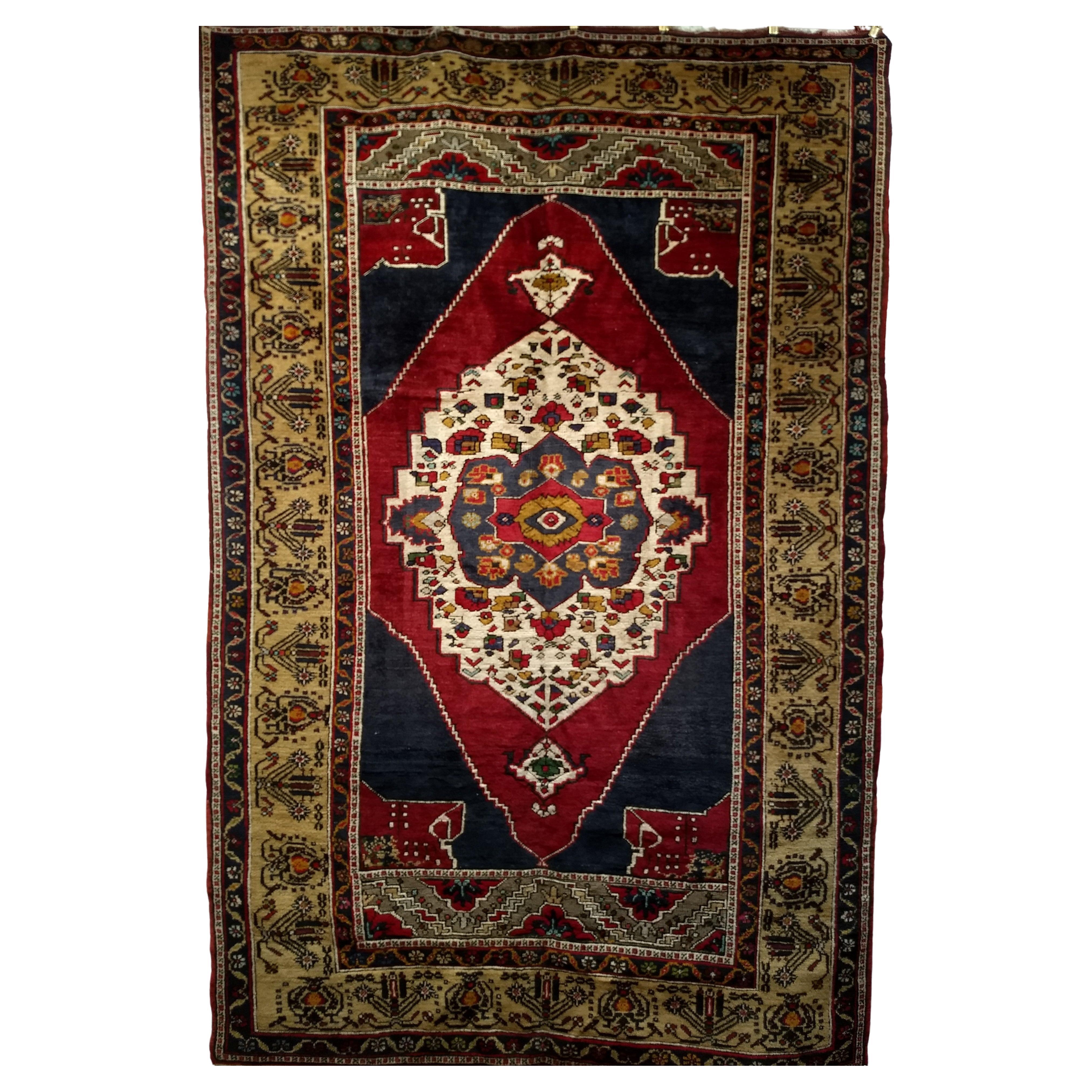 Vintage Turkish Oushak in Medallion Pattern in Blue, Red, Gray, Camel For Sale