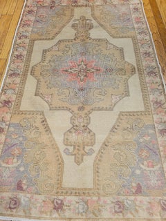 Vintage Turkish Oushak Area Rug, Hand Knotted Wool, Ivory & Pink, 5' x 7'