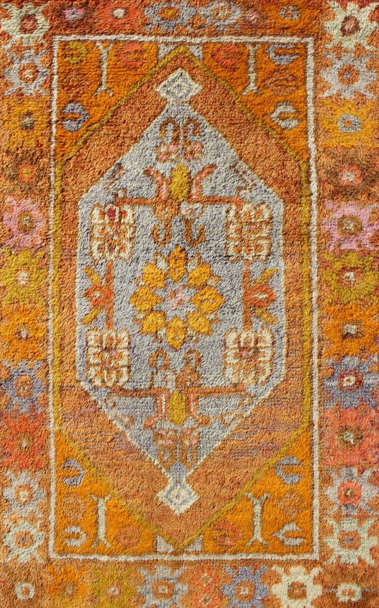 Hand-Knotted Vintage Turkish Oushak in Orange, Copper& Yellow Tones with Geometric Medallion For Sale