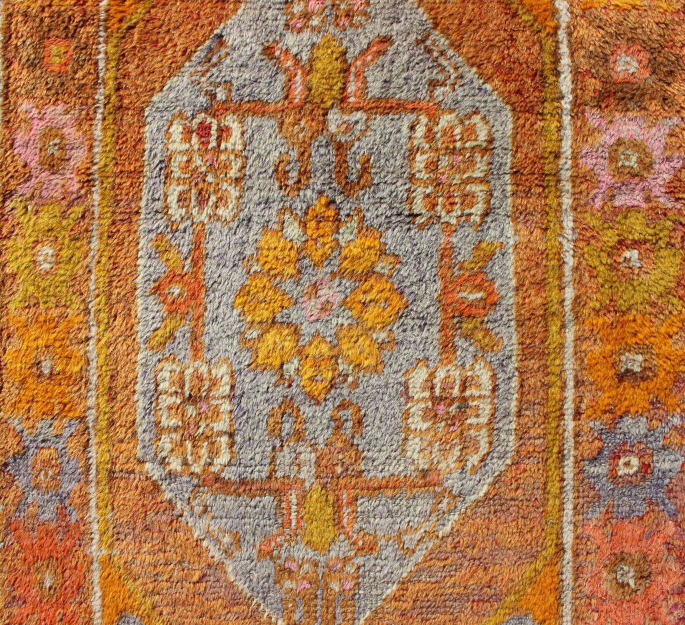 Wool Vintage Turkish Oushak in Orange, Copper& Yellow Tones with Geometric Medallion For Sale