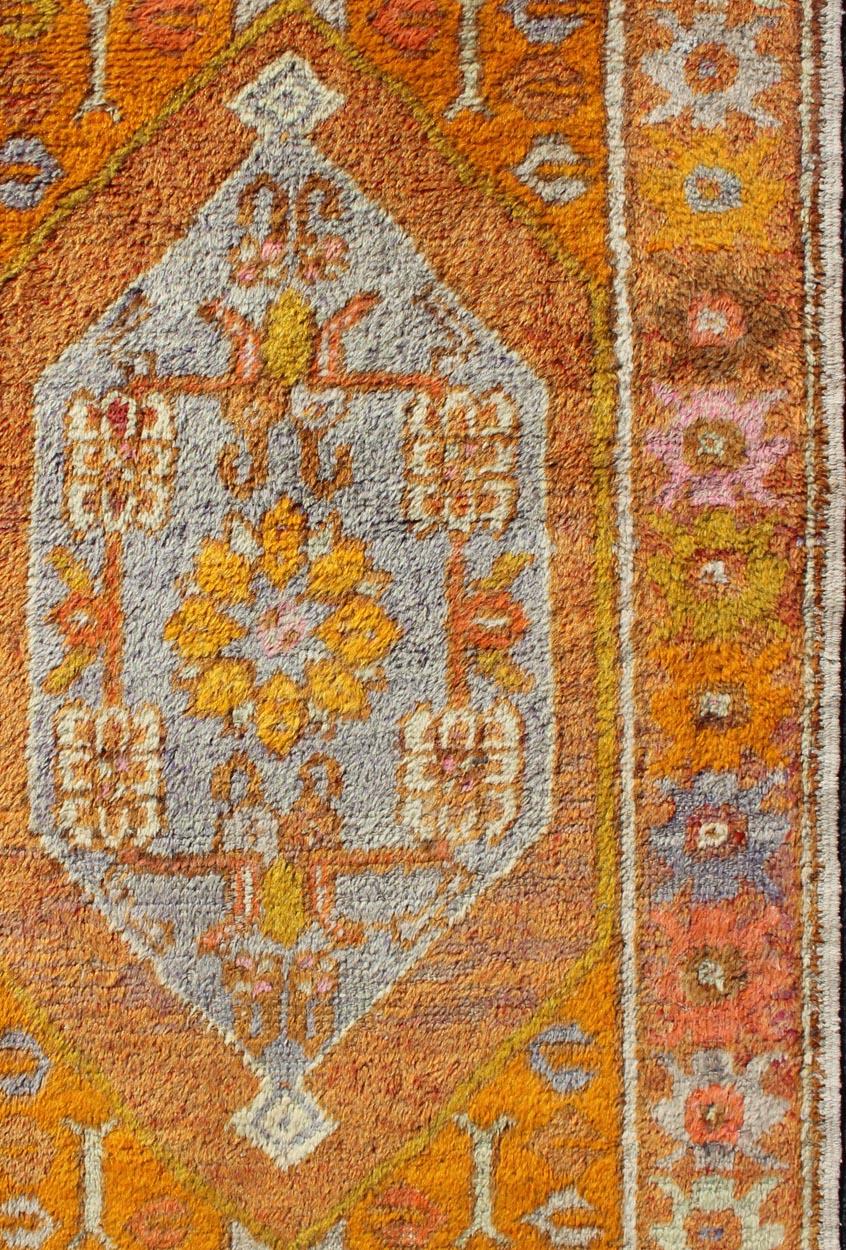 Vintage Turkish Oushak in Orange, Copper& Yellow Tones with Geometric Medallion For Sale 2