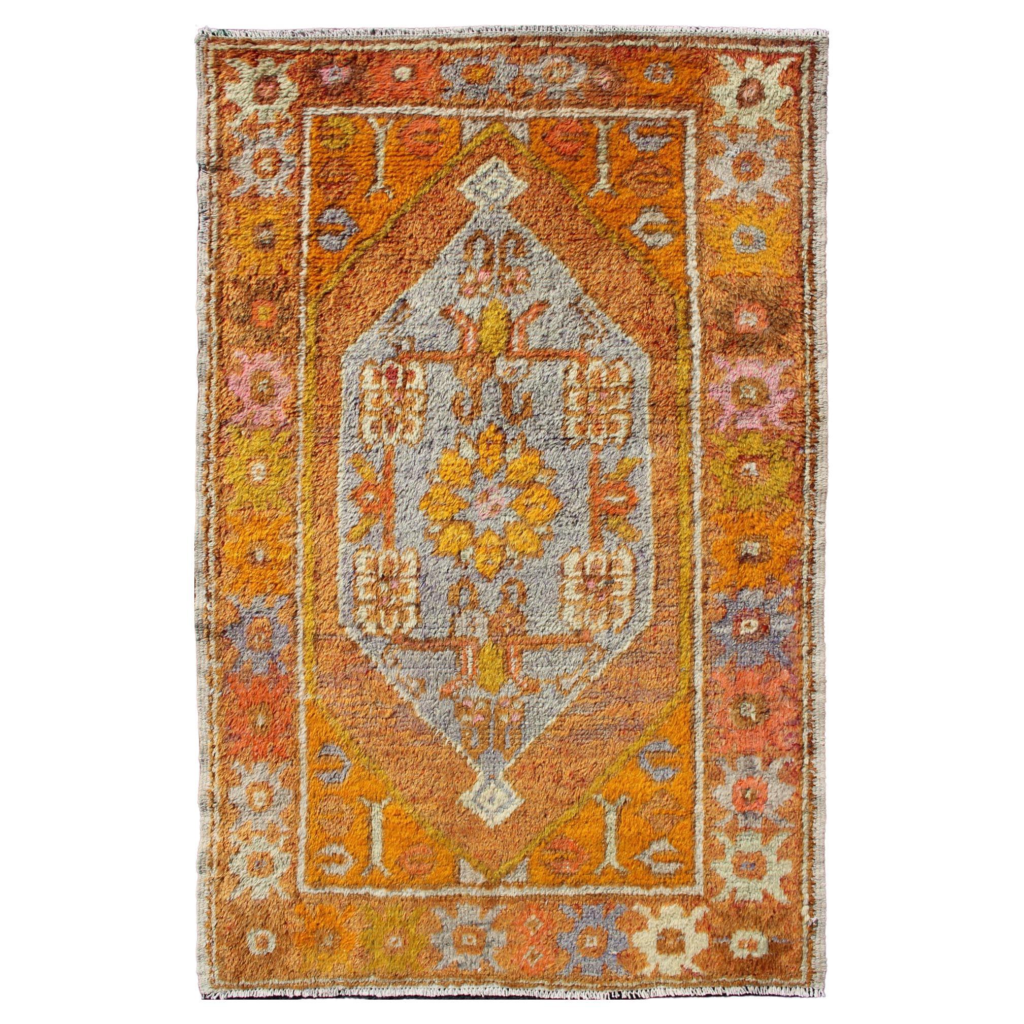 Vintage Turkish Oushak in Orange, Copper& Yellow Tones with Geometric Medallion For Sale
