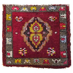 Vintage Turkish Oushak in Square Format in Red, Chartreuse, Pink, Brown