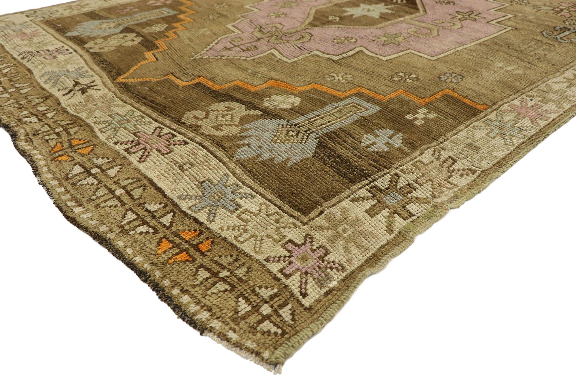 51848, vintage Turkish Oushak Kars Gallery rug with Modern Contemporary style 05'00 x 14'00. This hand-knotted wool vintage Turkish Oushak Kars gallery rug with Modern Contemporary style manages to maintain its true midcentury credentials without