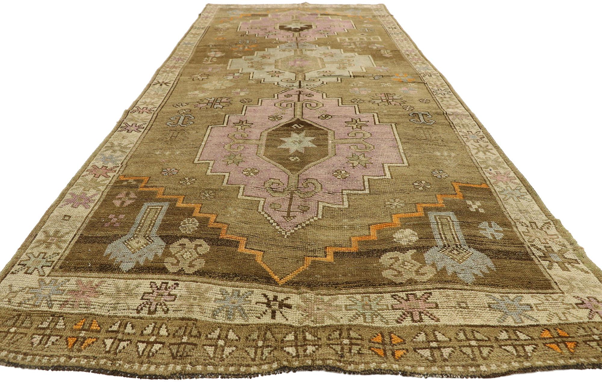 Hand-Knotted Vintage Turkish Oushak Kars Gallery Rug with Modern Contemporary Style