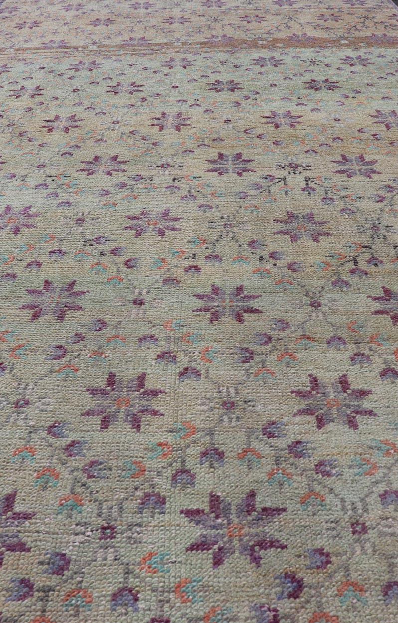 Vintage Turkish Oushak Konya-Tulu with Floral Blossoms and Latticework Design In Good Condition For Sale In Atlanta, GA