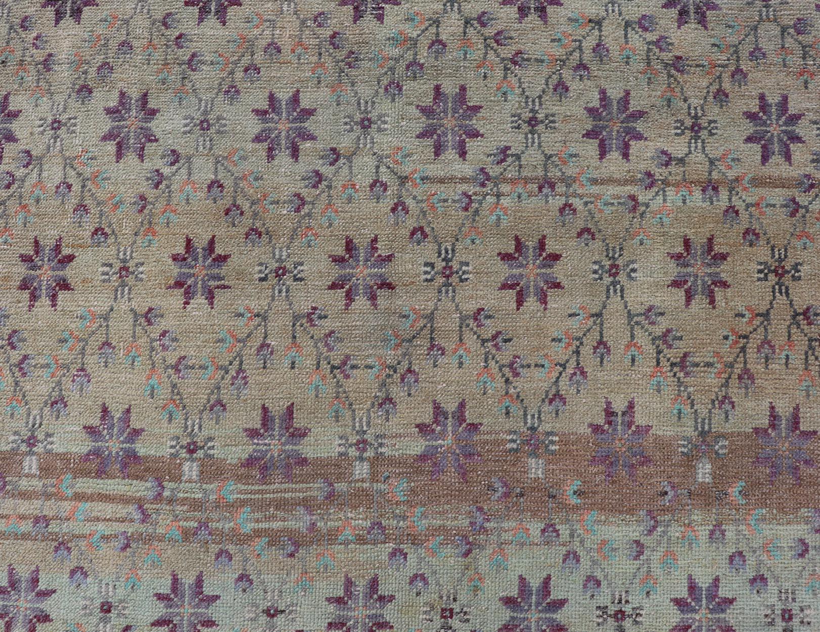 Wool Vintage Turkish Oushak Konya-Tulu with Floral Blossoms and Latticework Design For Sale